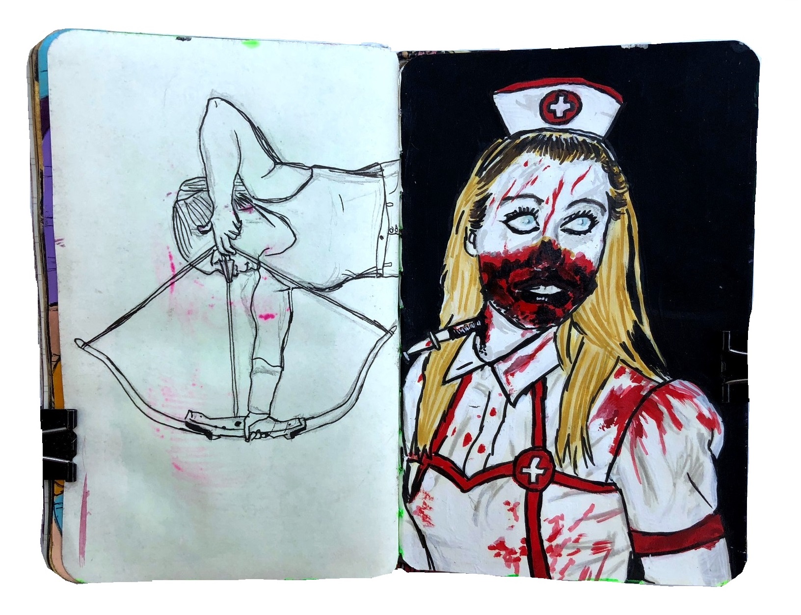 Day 166/365 of Year of Creative Habits. A mixed media art journal illustration of a bloody zombie nurse from Reddit Gets Drawn and a sketch of an archer.
