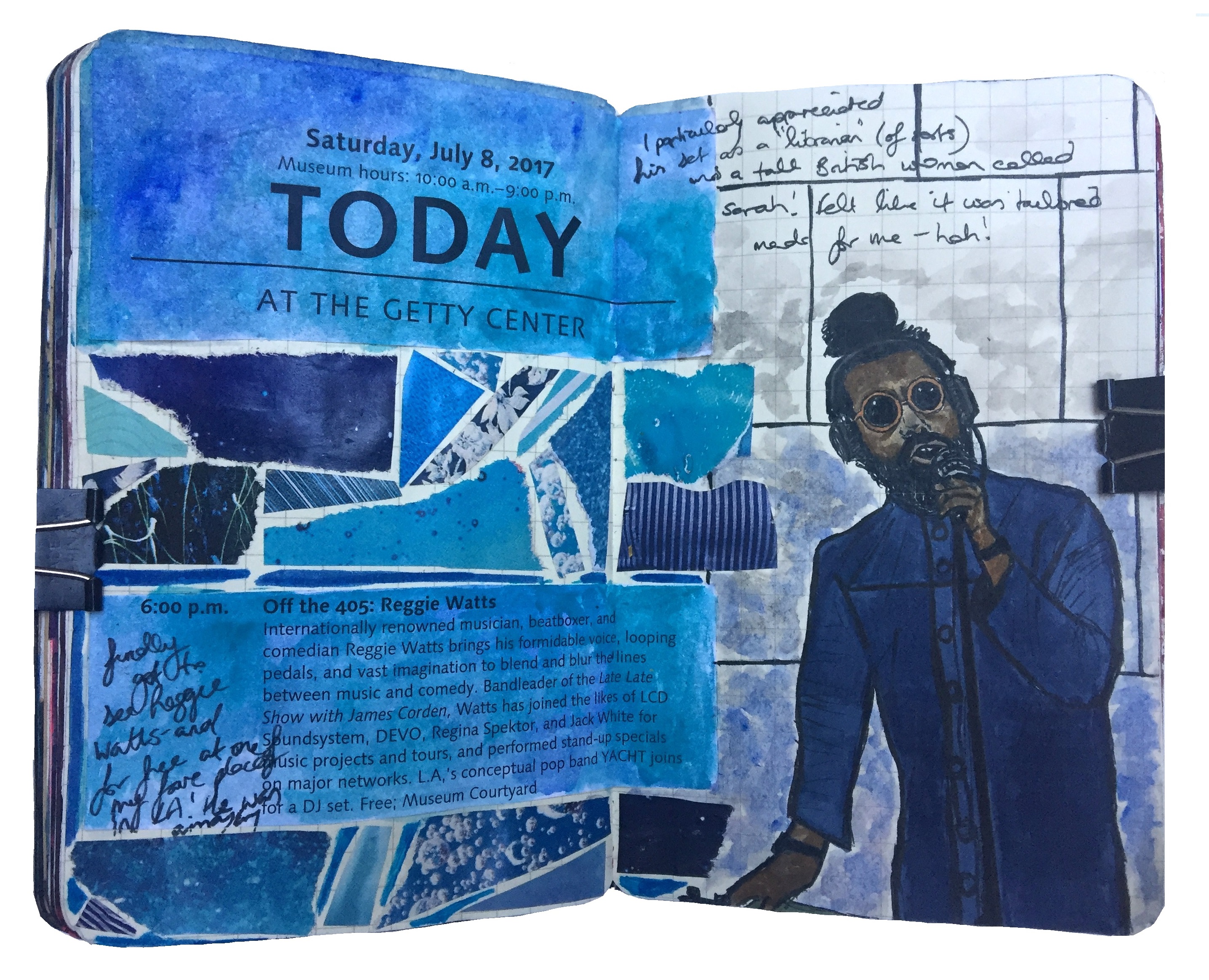 Day 190/365 of Year of Creative Habits. A mixed media art journal illustration of musician and comedian Reggie Watts performing at a concert at The Getty Museum with an abstract collage next to him.