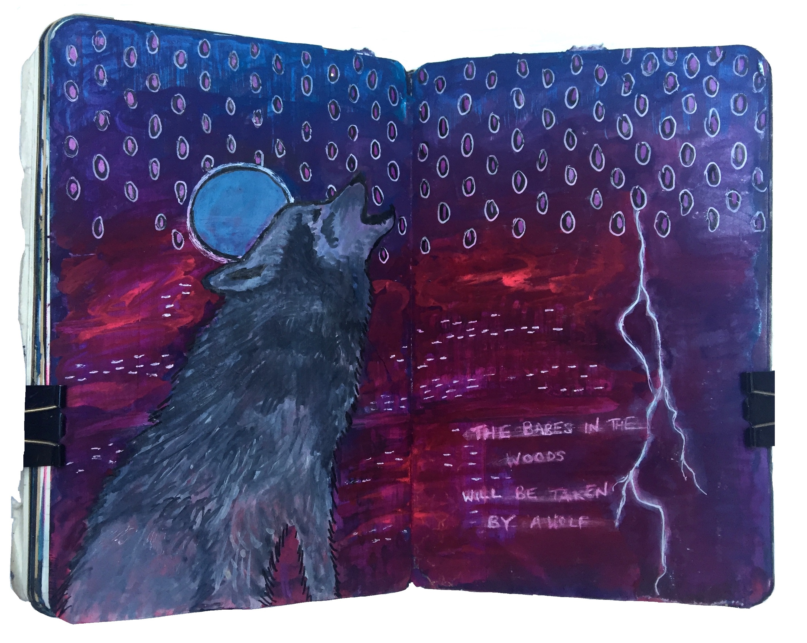 Days 181, 182 and 183/365 of Year of Creative Habits. A mixed media art journal illustration of a wolf howling at a blue moon with lightning striking a psychedelic pink and purple background with lyrics by Ulver.