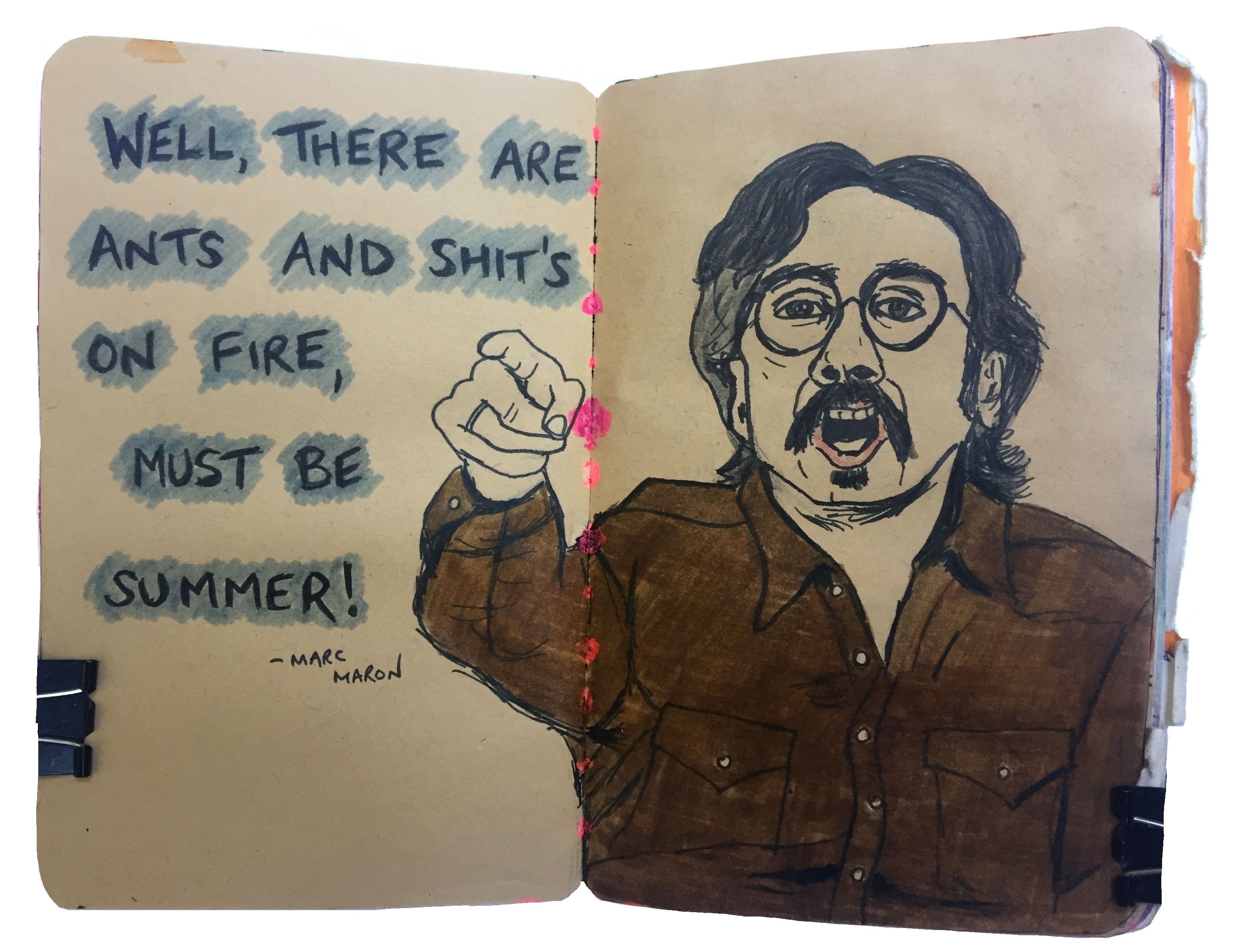 Day 204/365 of Year of Creative Habits. An art journal illustration of comedian and podcast host Marc Maron talking about summer in Los Angeles with ants and everything on fire.