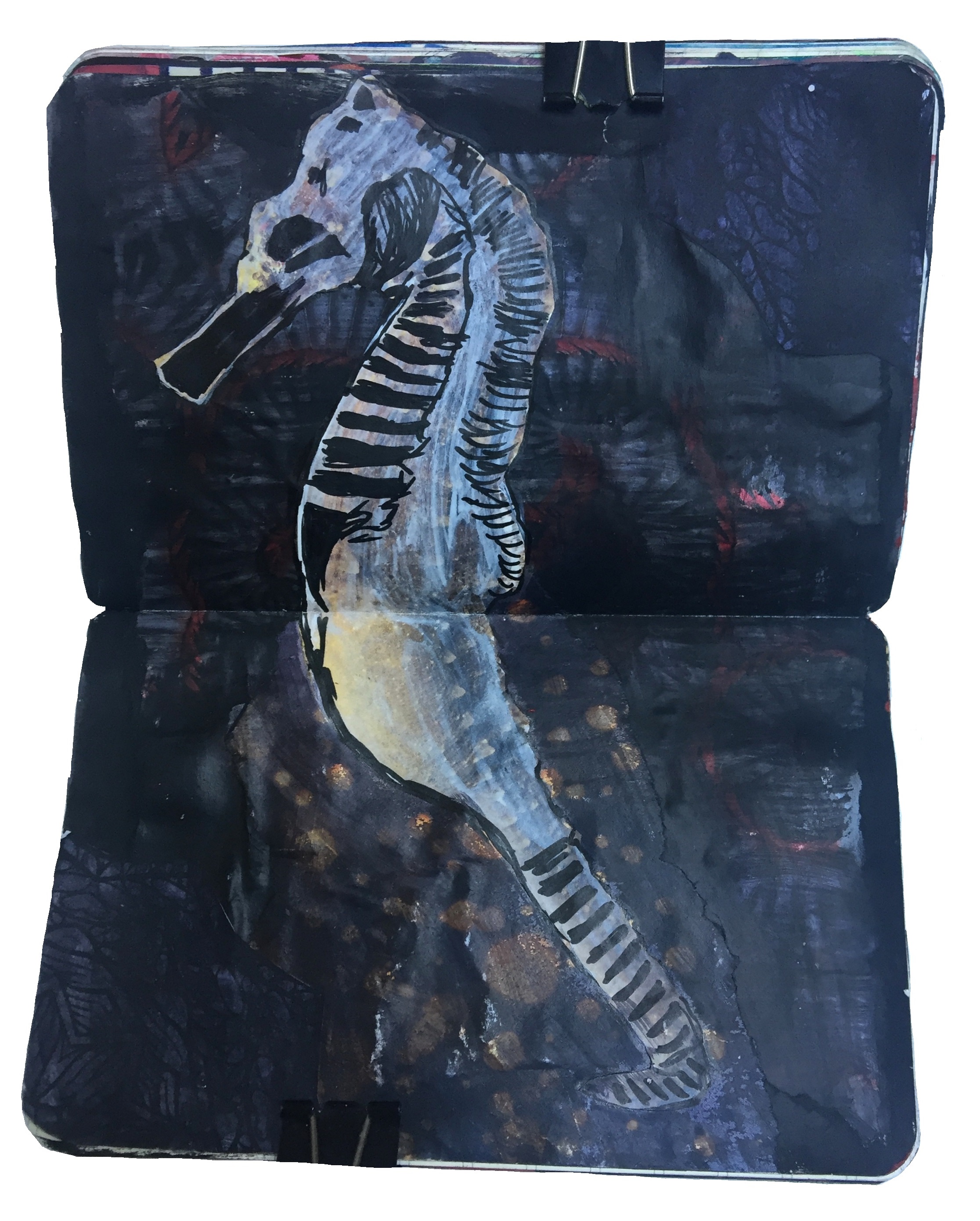 Day 194/365 of Year of Creative Habits. A mixed media art journal altered collage of a weird white seahorse.