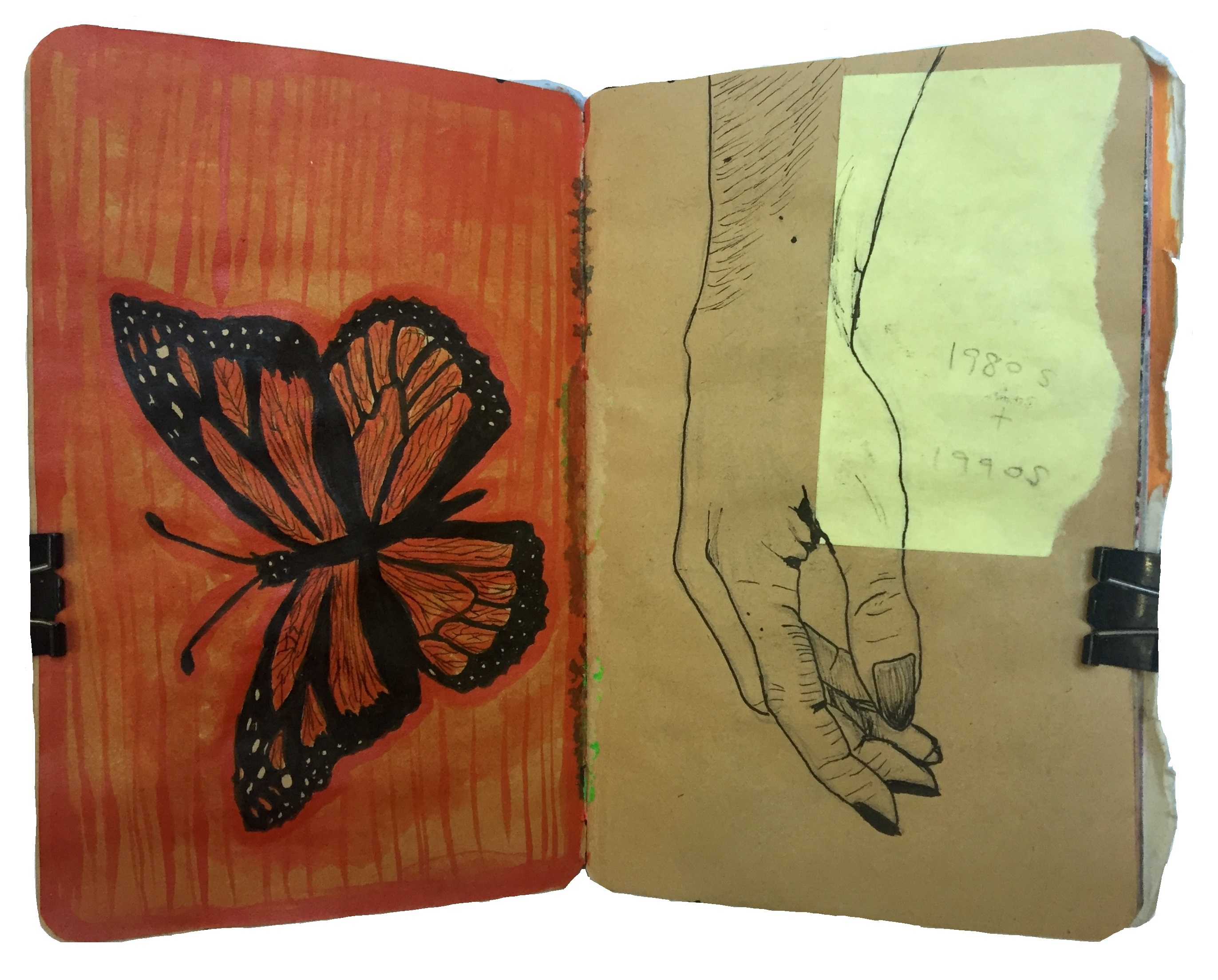 Days 216 and 137/365 of Year of Creative Habits. A mixed media art journal illustration of a butterfly and a hand.