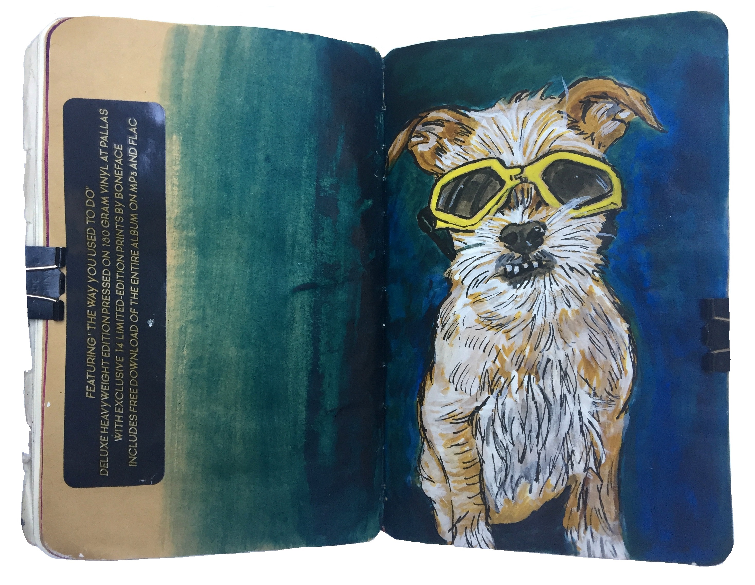 Day 236/365 of Year of Creative Habits. A mixed media art journal illustration of a cute white and brown dog with swimming goggles on from Reddit Gets Drawn.
