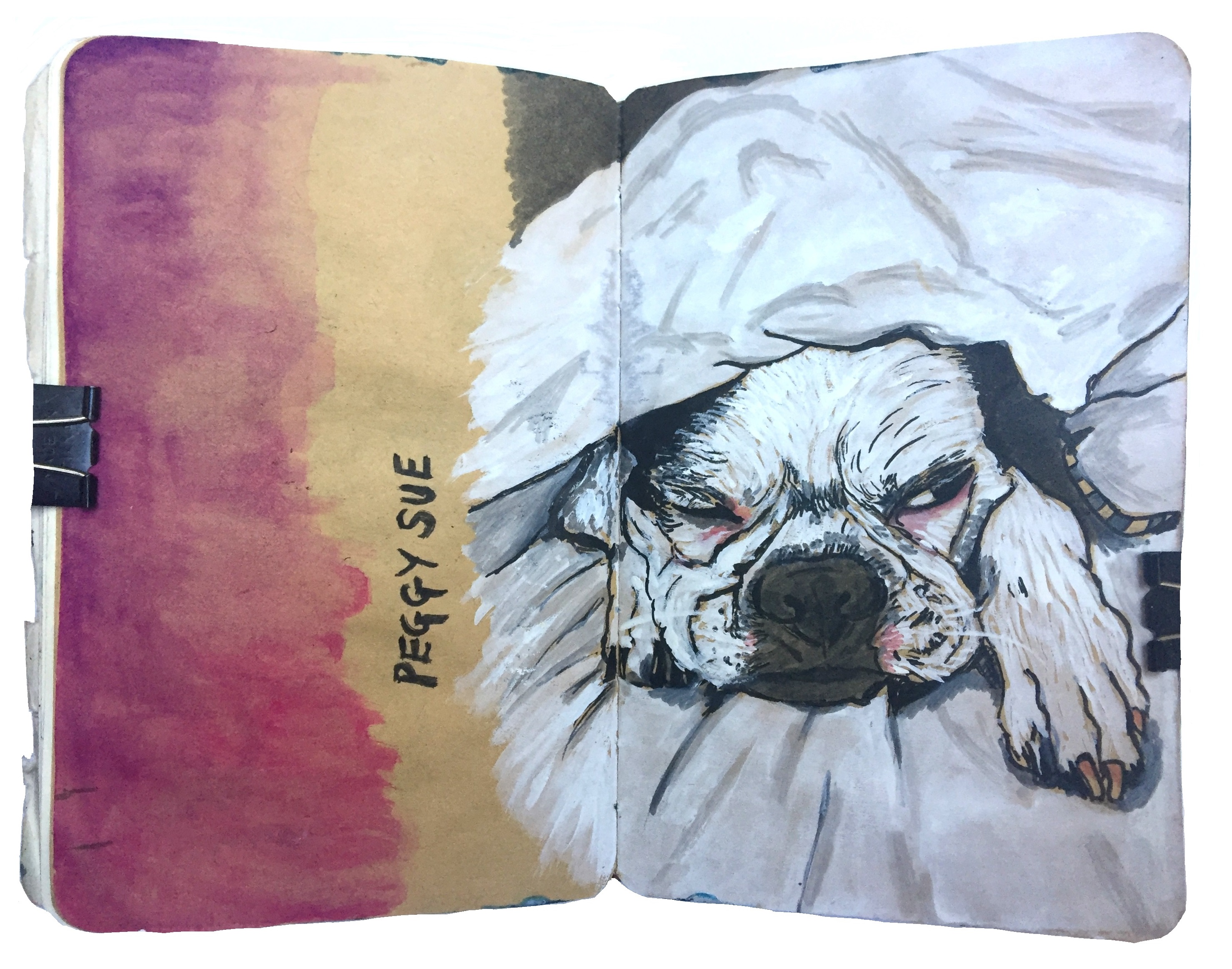 Day 235/365 of Year of Creative Habits. A mixed media art journal pet portrait of a grumpy french bulldog. Reference from Reddit Gets Drawn.