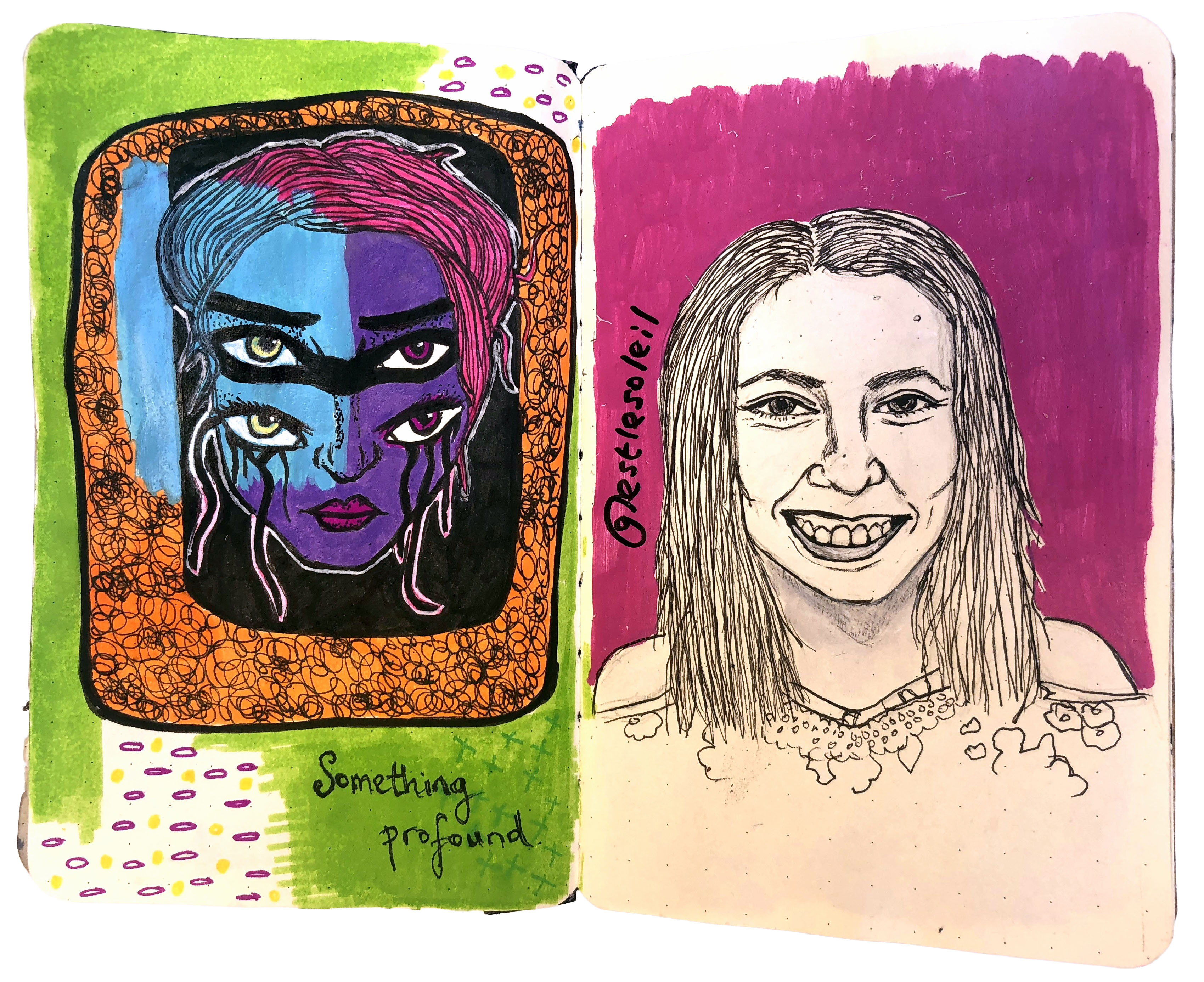 Day 335/365 of Year of Creative Habits. A mixed media art journal doodle using a technique by a.creature and an illustrated portrait of an Instagram follower.