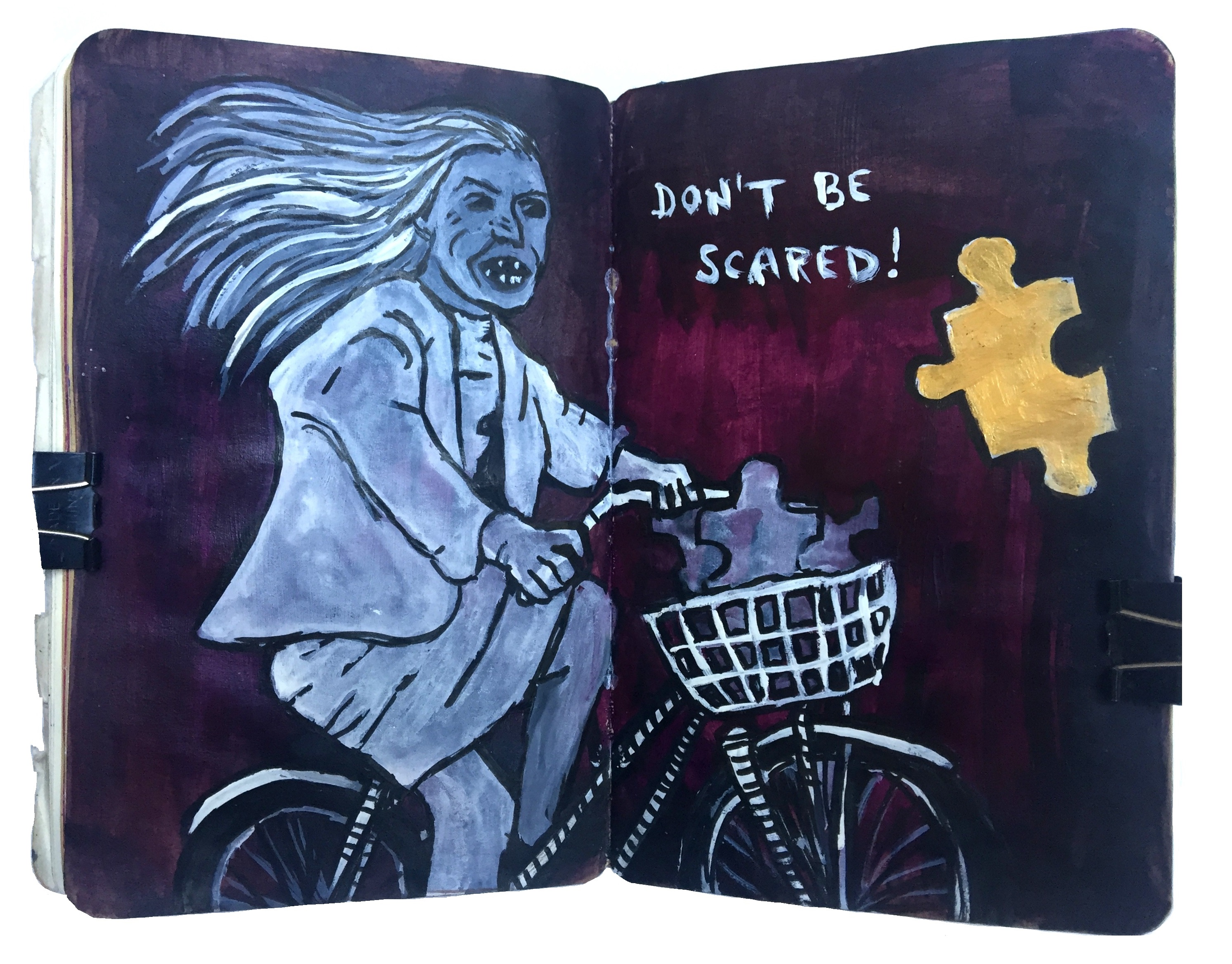 Day 251/365 of Year of Creative Habits. A mixed media art journal illustration of a crone on a bicycle with jigsaw puzzle pieces in the front basket and the words don't be scared! next to her.