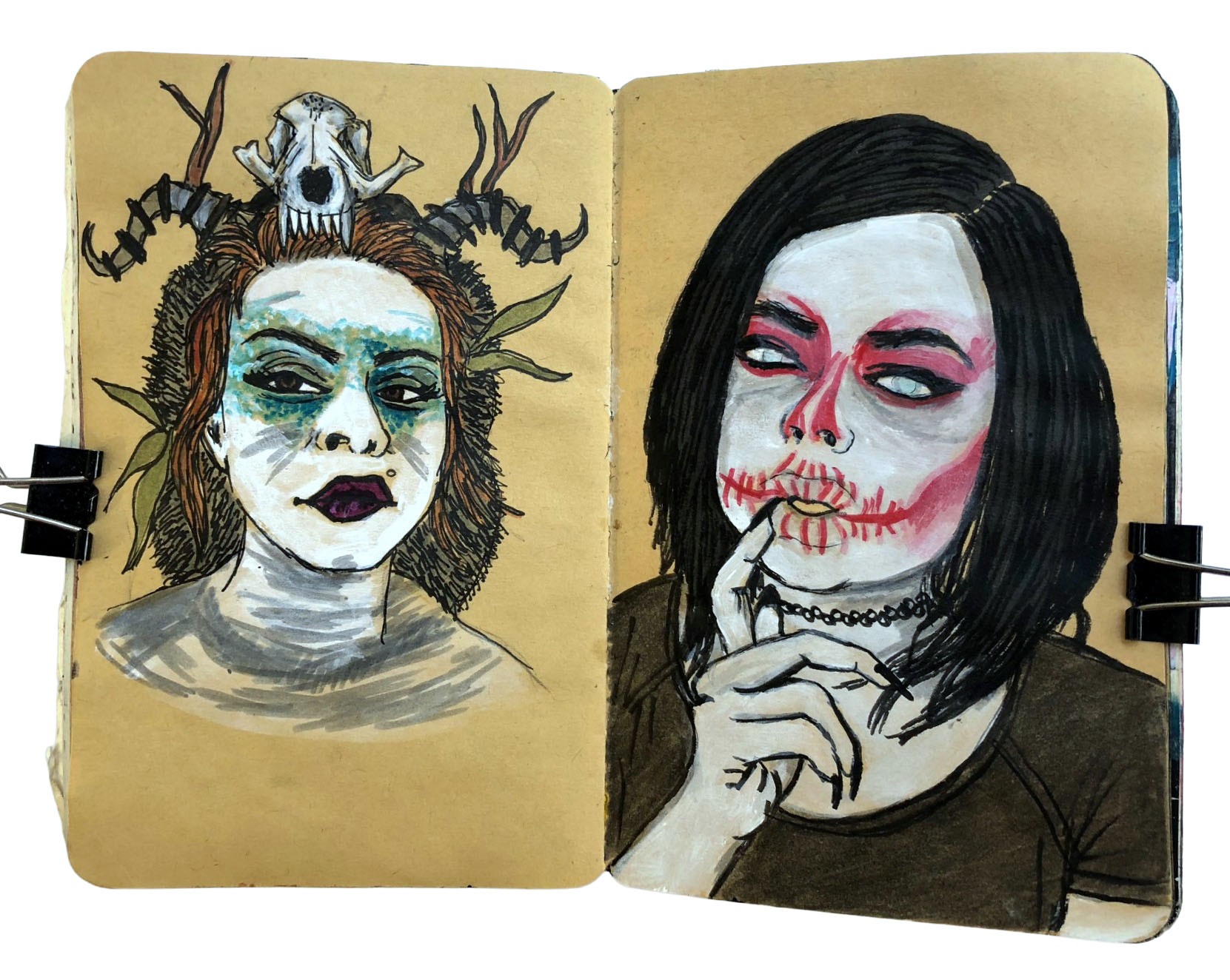 Days 278 and 279/365 of Year of Creative Habits. Mixed media art journal Halloween portraits from the Museum by Sktchy app – a forest witch and skeletal woman!