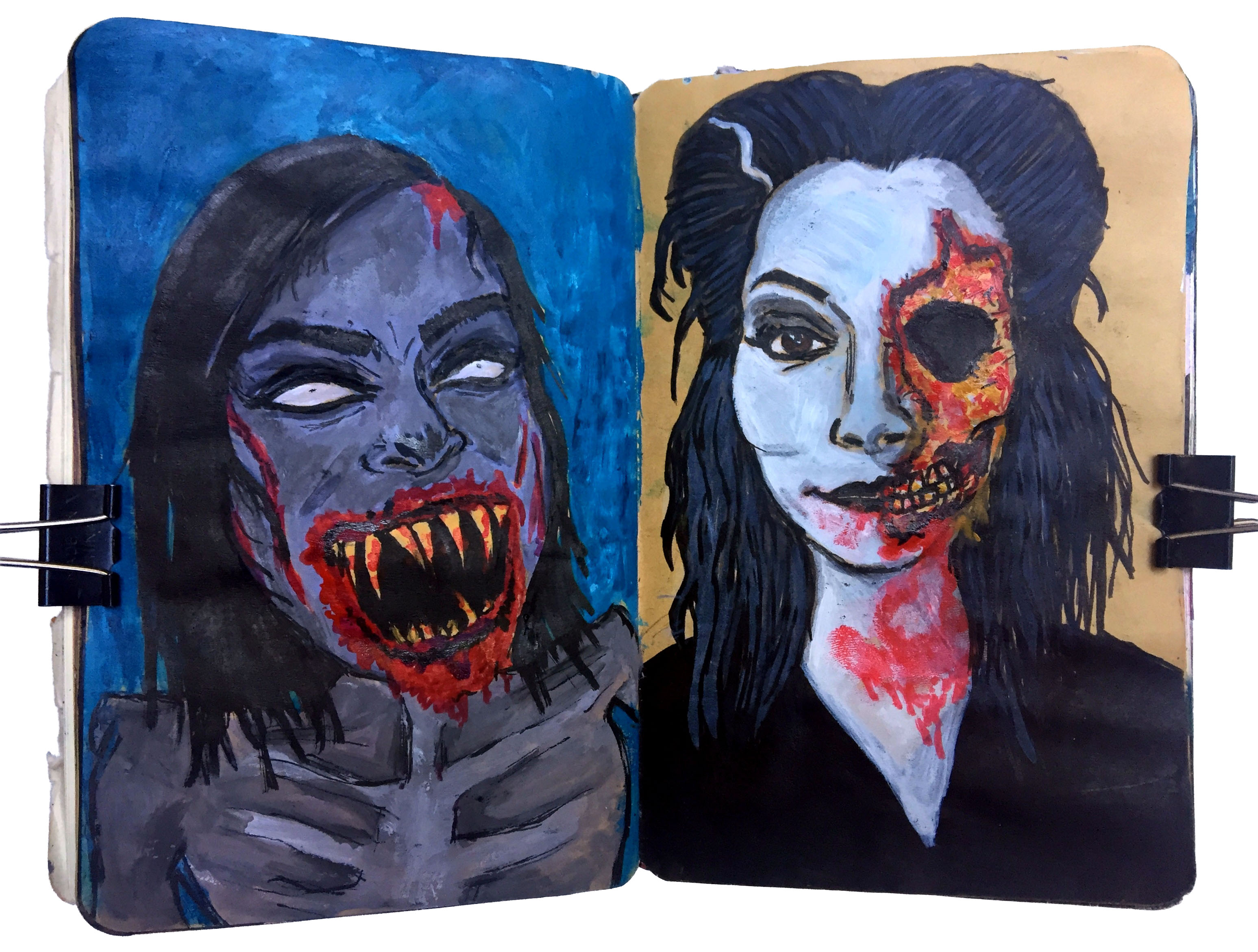 Days 284 and 285/365 of Year of Creative Habits. Mixed media art journal Halloween portraits of my Instagram followers – a zombie/wendigo and a zombie-witch!