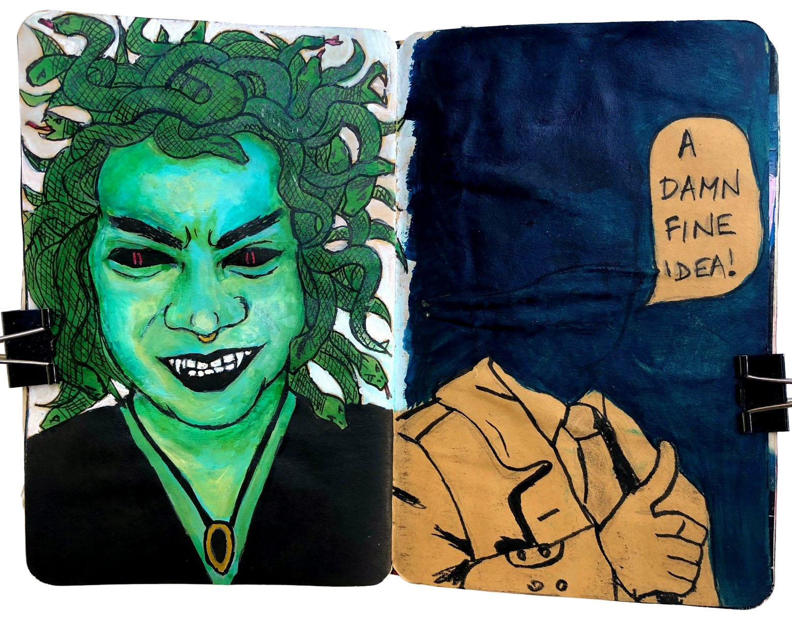 Days 287 and 156/365 of Year of Creative Habits. A mixed media art journal illustration of an Instagram follower I spookified as Medusa and a failed drawing of Special Agent Dale Cooper from Twin Peaks with his thumb up saying a damn fine idea!