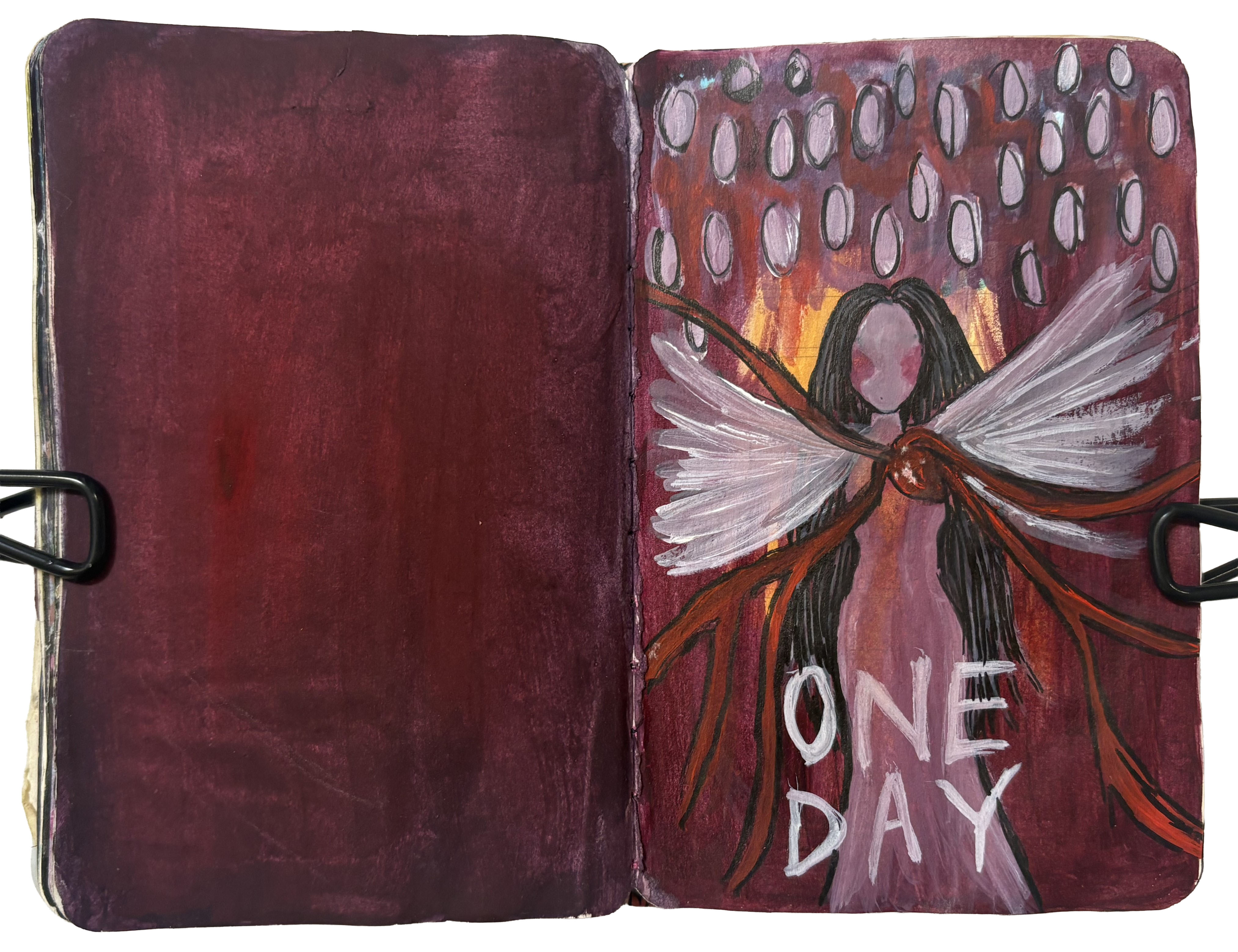 An art journal illustration of a faceless fairy with her heart exposed and the words one day underneath her.