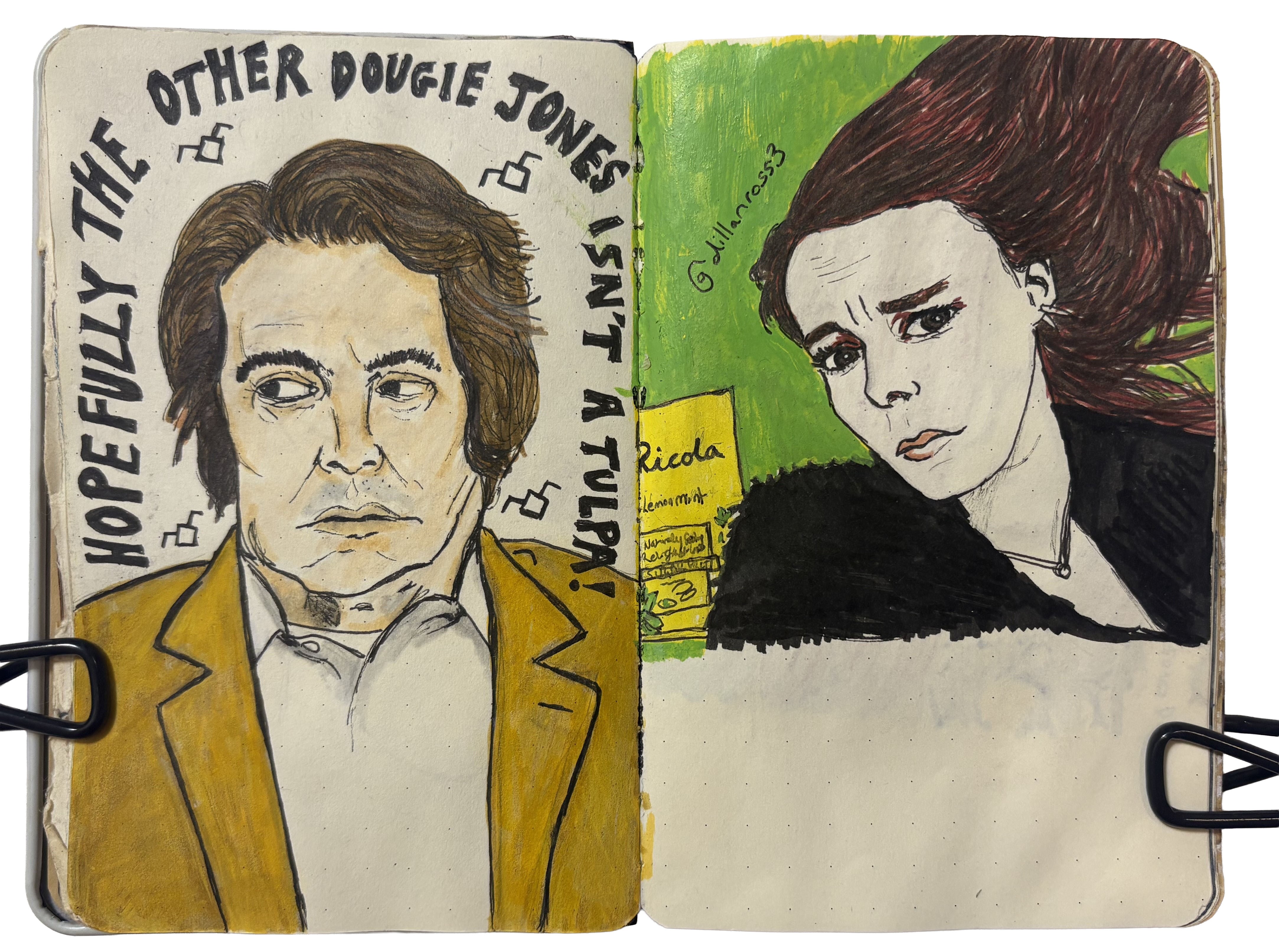 Day 346/365 of Year of Creative Habits. An art journal illustration of Dougie Jones from Twin Peaks with a bad/silly political joke about newly elected Senator Doug Jones hopefully not being a tulpa and a portrait of an Instagram follower.
