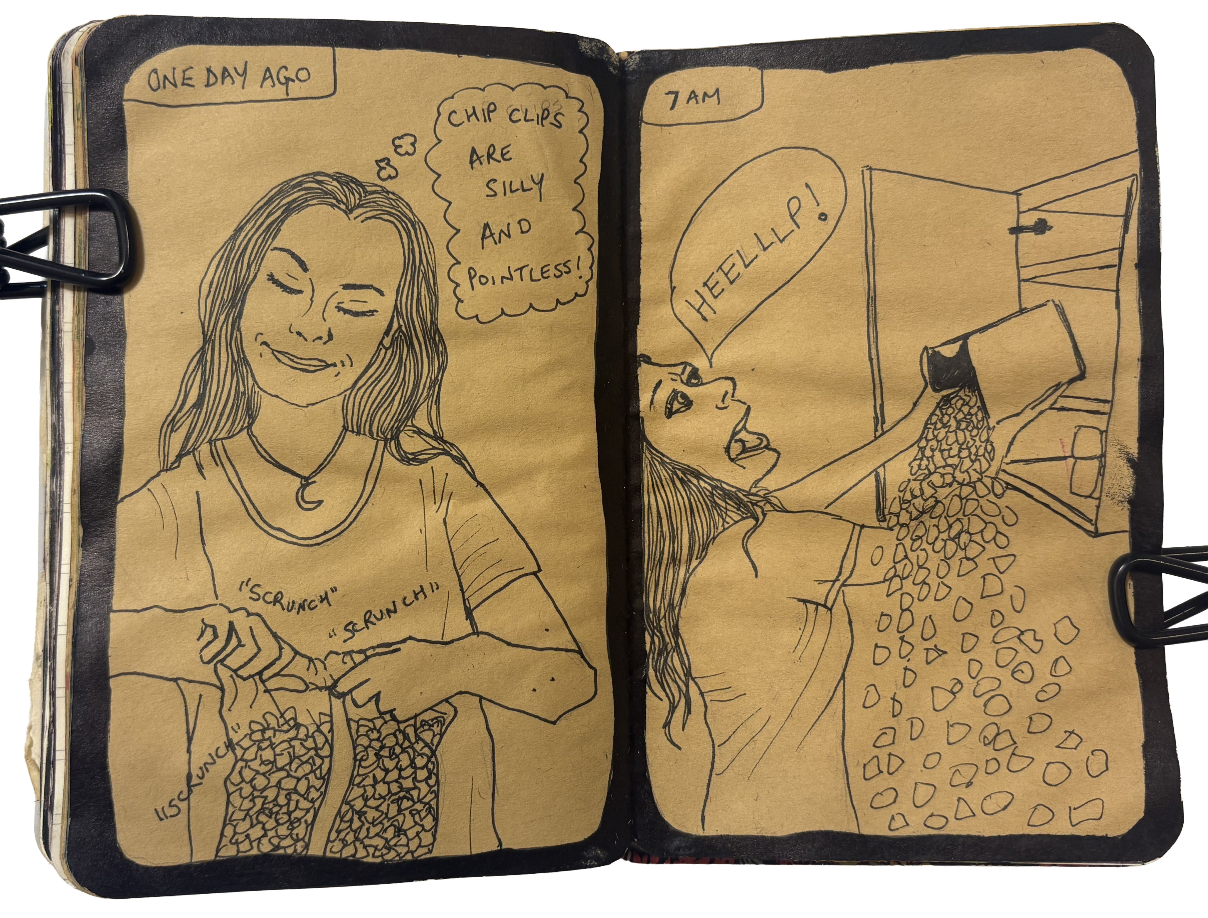 An art journal illustration of myself refusing to use a chip clip for cereal and then spilling it everywhere the next day.