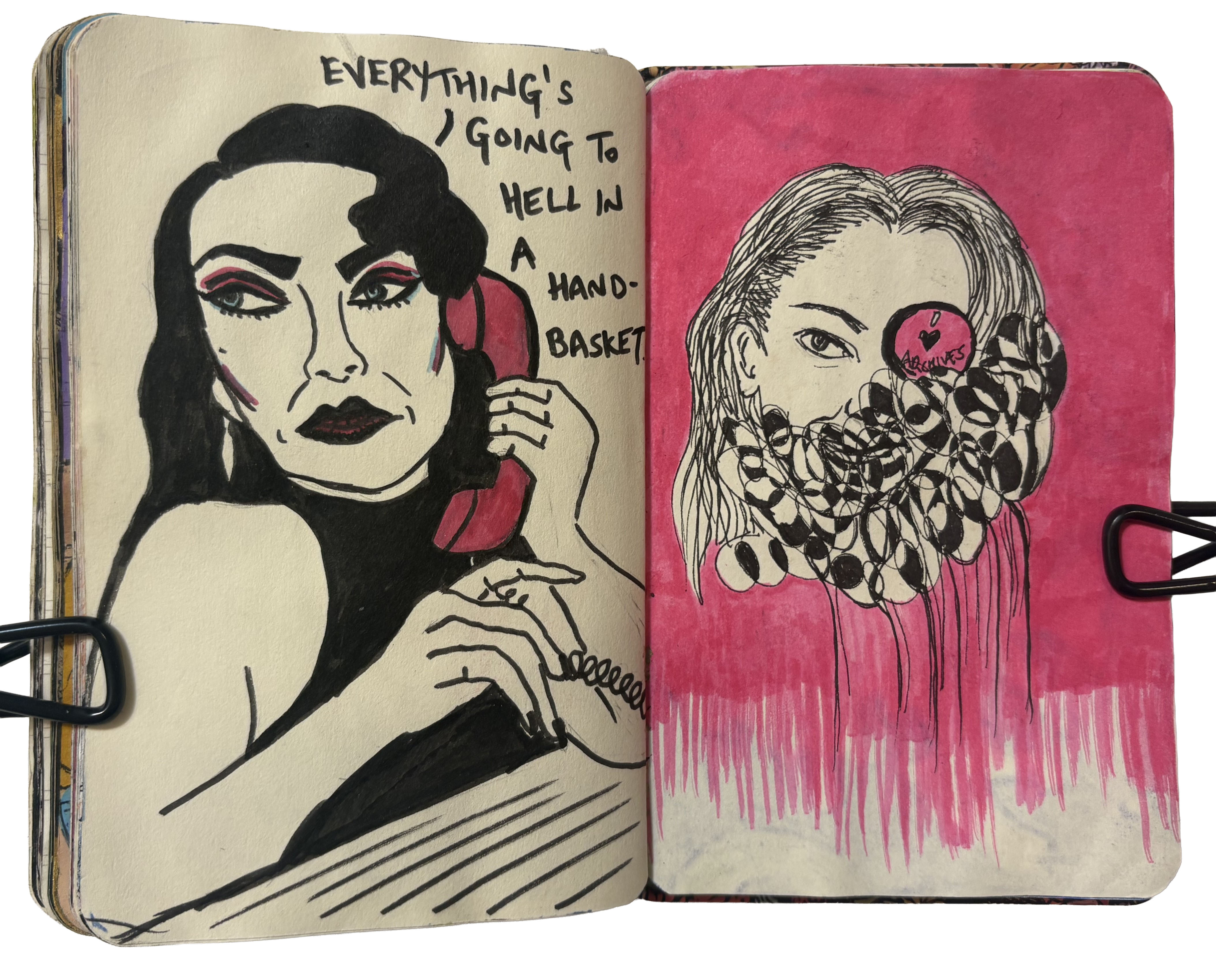 Days 340 and 299/365 of Year of Creative Habits. An art journal illustration of a goth woman on a pink phone saying everything is going to hell in a hand basket and an abstract self portrait.