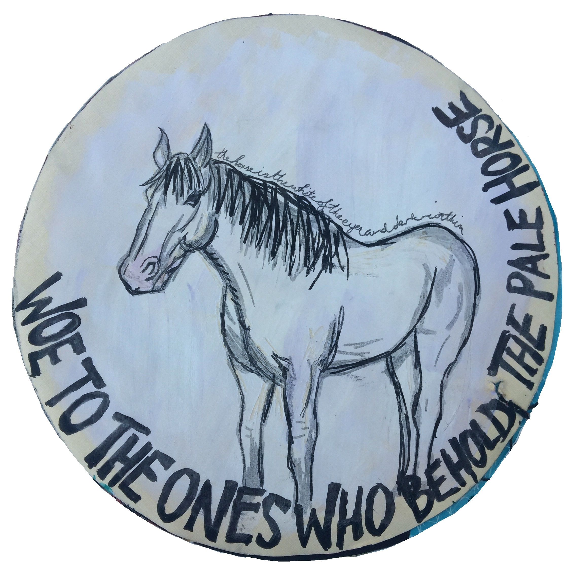 Days 193 and 198/365 of Year of Creative Habits. A mixed media art journal illustration of a white horse from Twin Peaks with the words woe to the ones who behold the pale horse and the horse is the white of the eyes, and dark within.