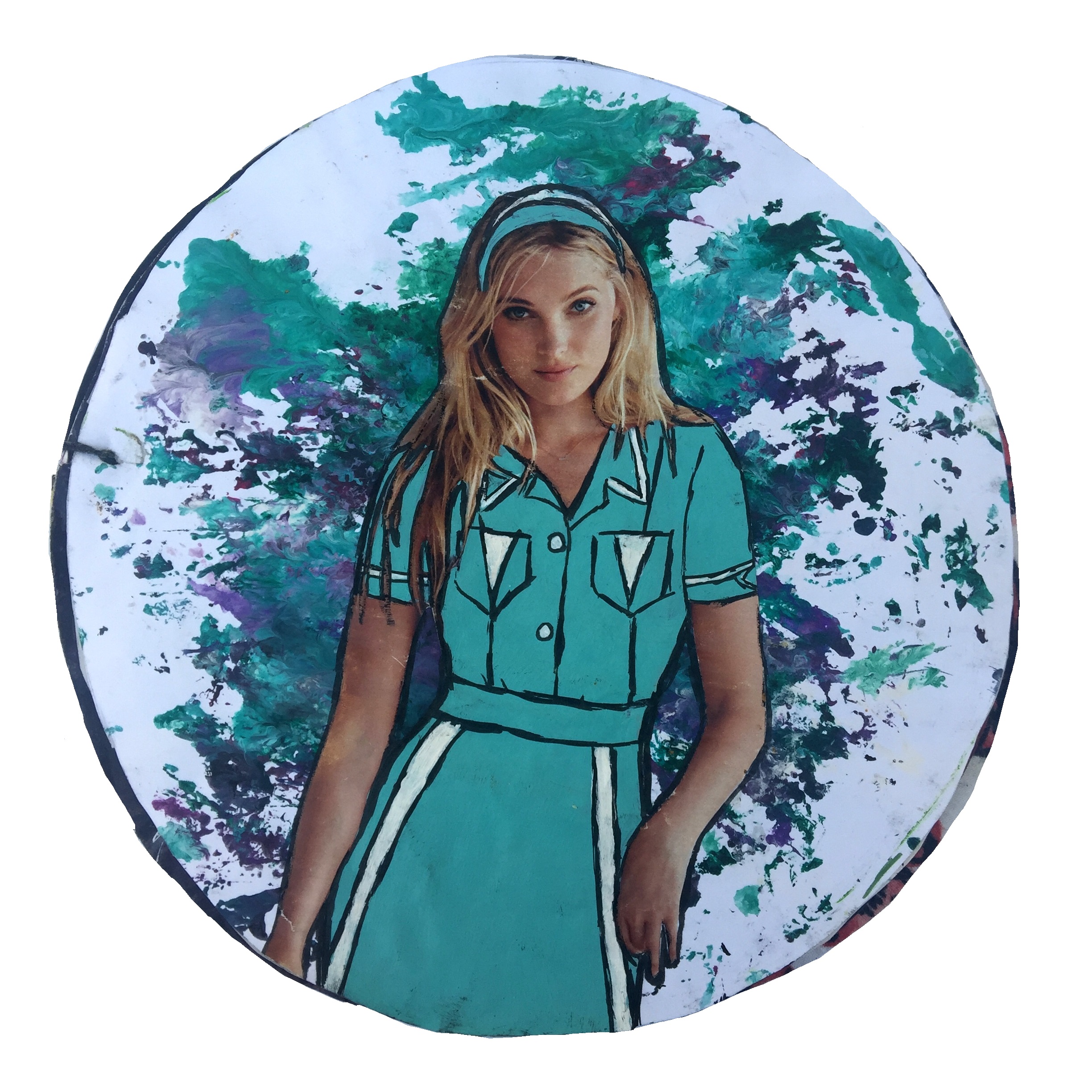 Day 160/365 of Year of Creative Habits. A mixed media art journal page with an altered image and painting of a woman in a Twin Peaks waitress outfit.