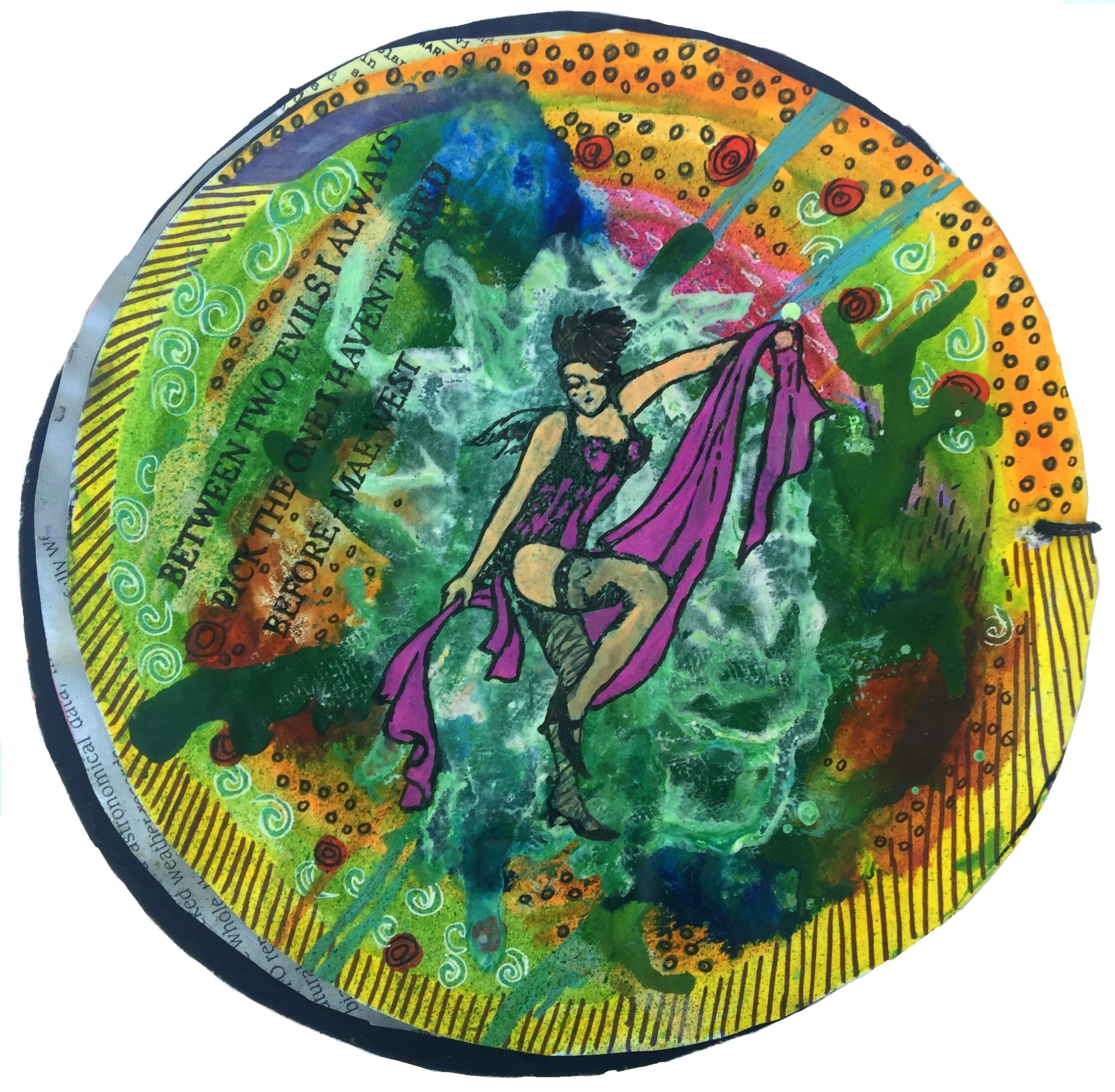 Day 174/365 of Year of Creative Habits. A mixed media art journal page experimenting with burlesque and Mae West stamps by Crystal Media Arts (no longer in business).