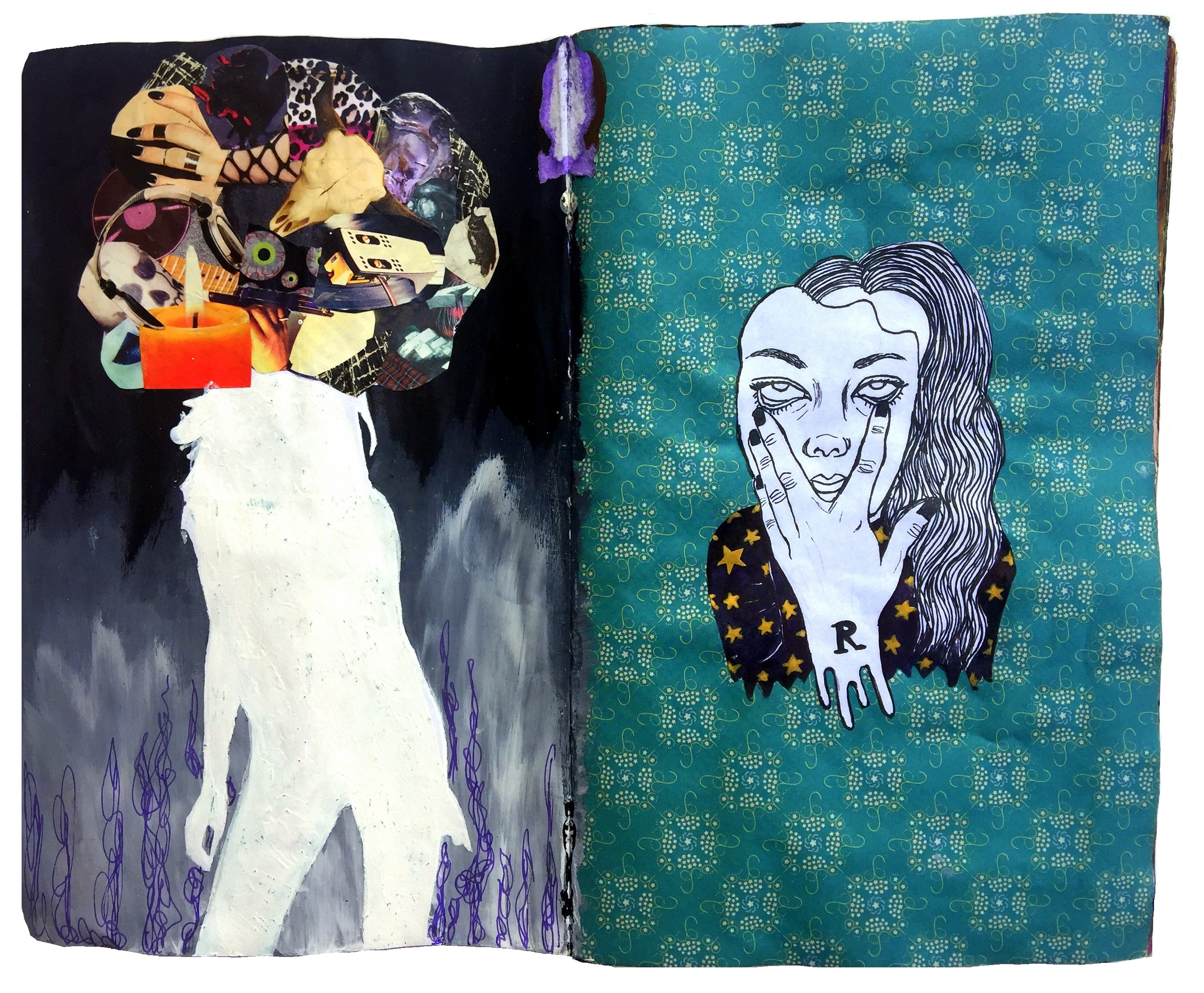 A mixed media art journal page with a silhouette of a woman with images above her head that represent me and a drawing of a woman removing a mask.