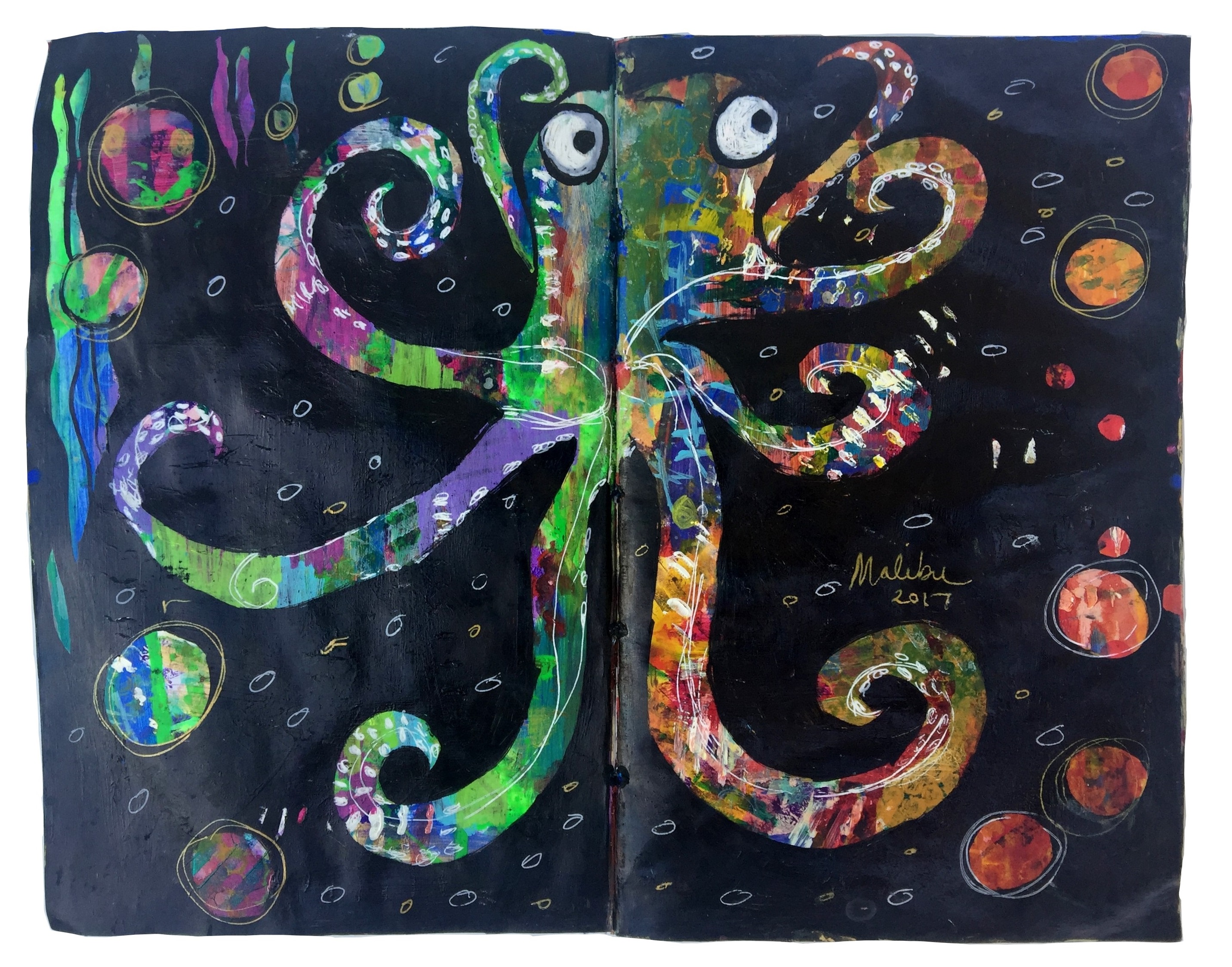 A mixed media art journal painting of an intuitive octopus.