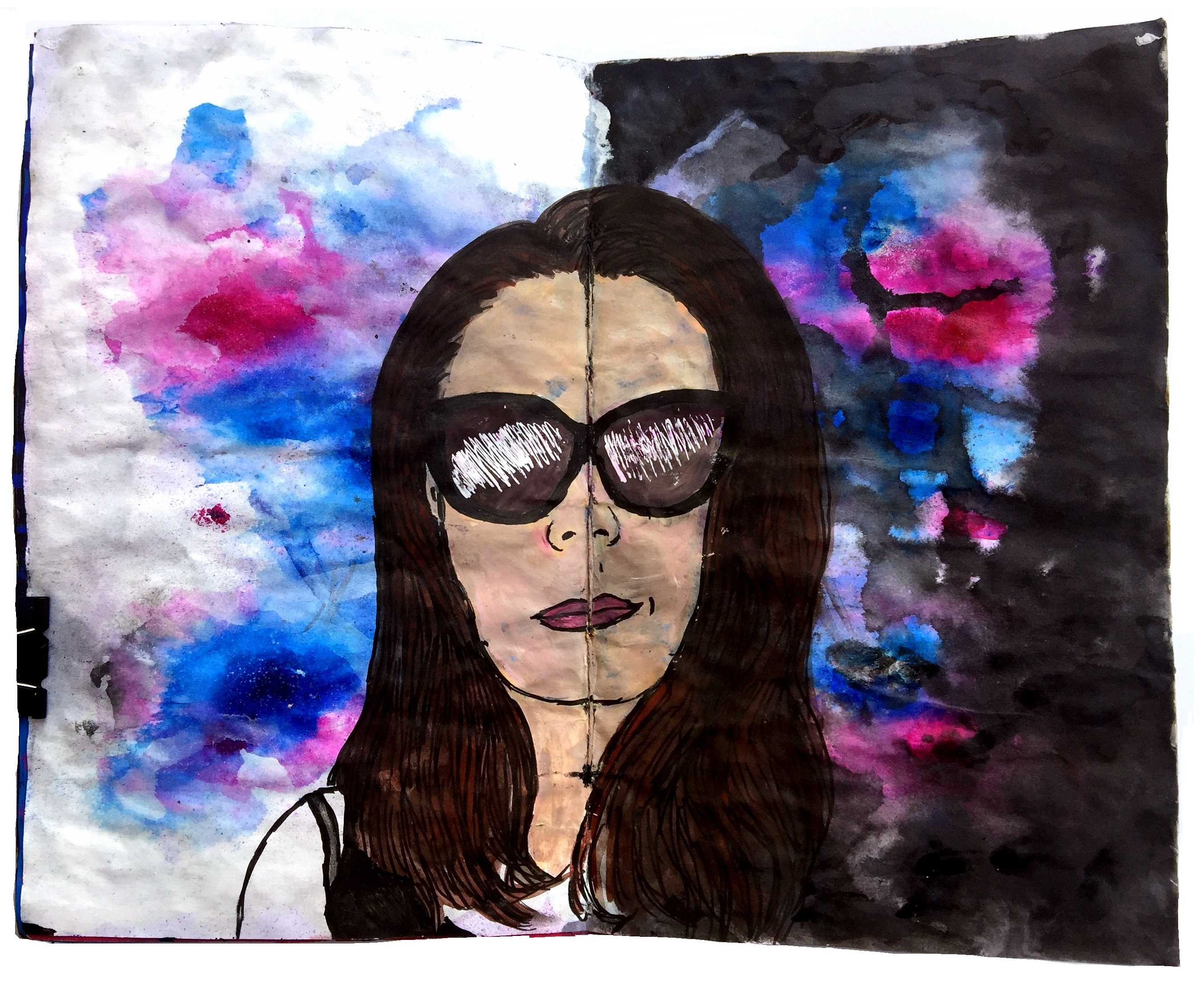 A mixed media art journal self-portrait with sunglasses against a light and dark contrasting background.