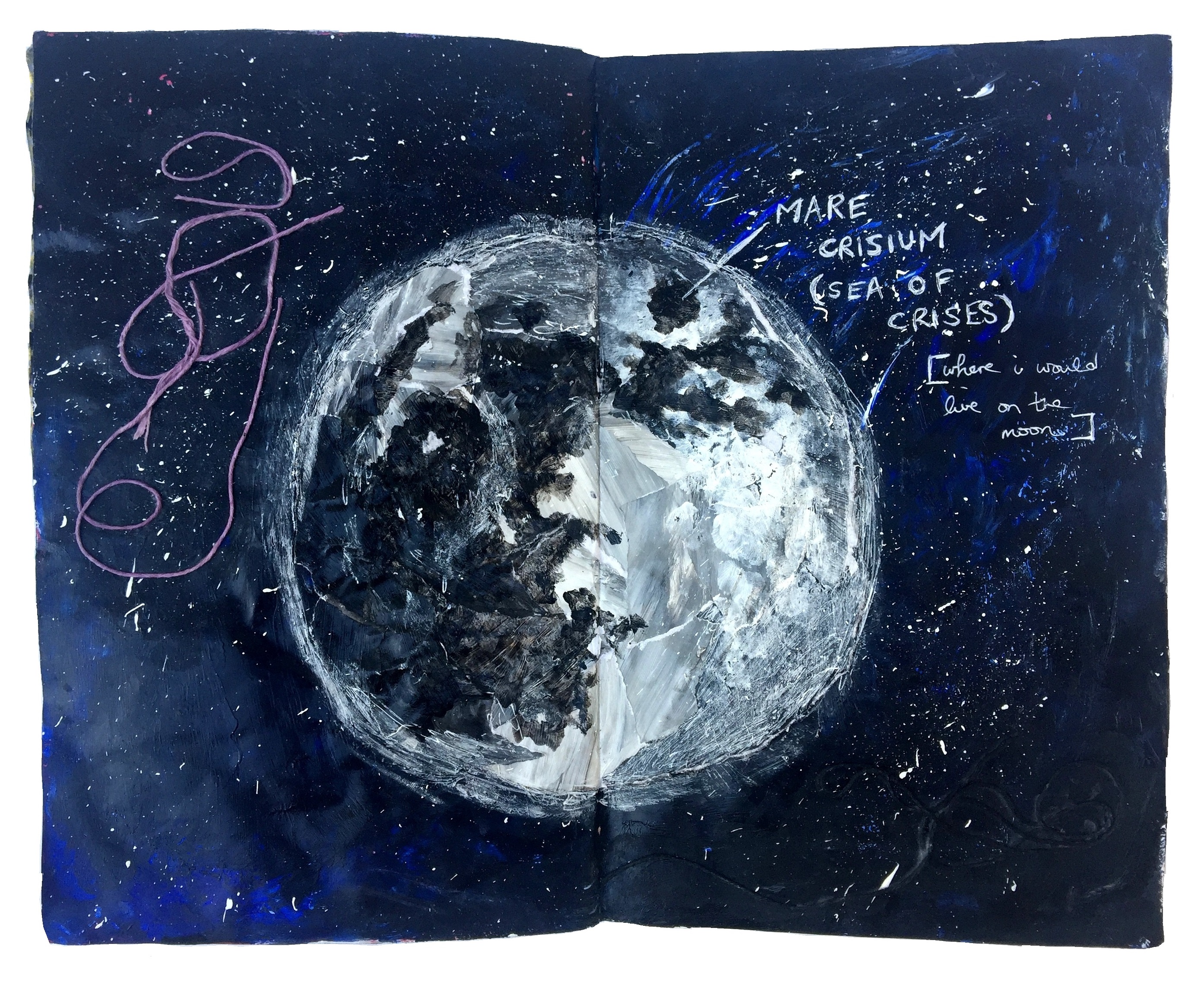 A mixed media art journal painting about Mare Crisium (Sea of Crises) on the moon.