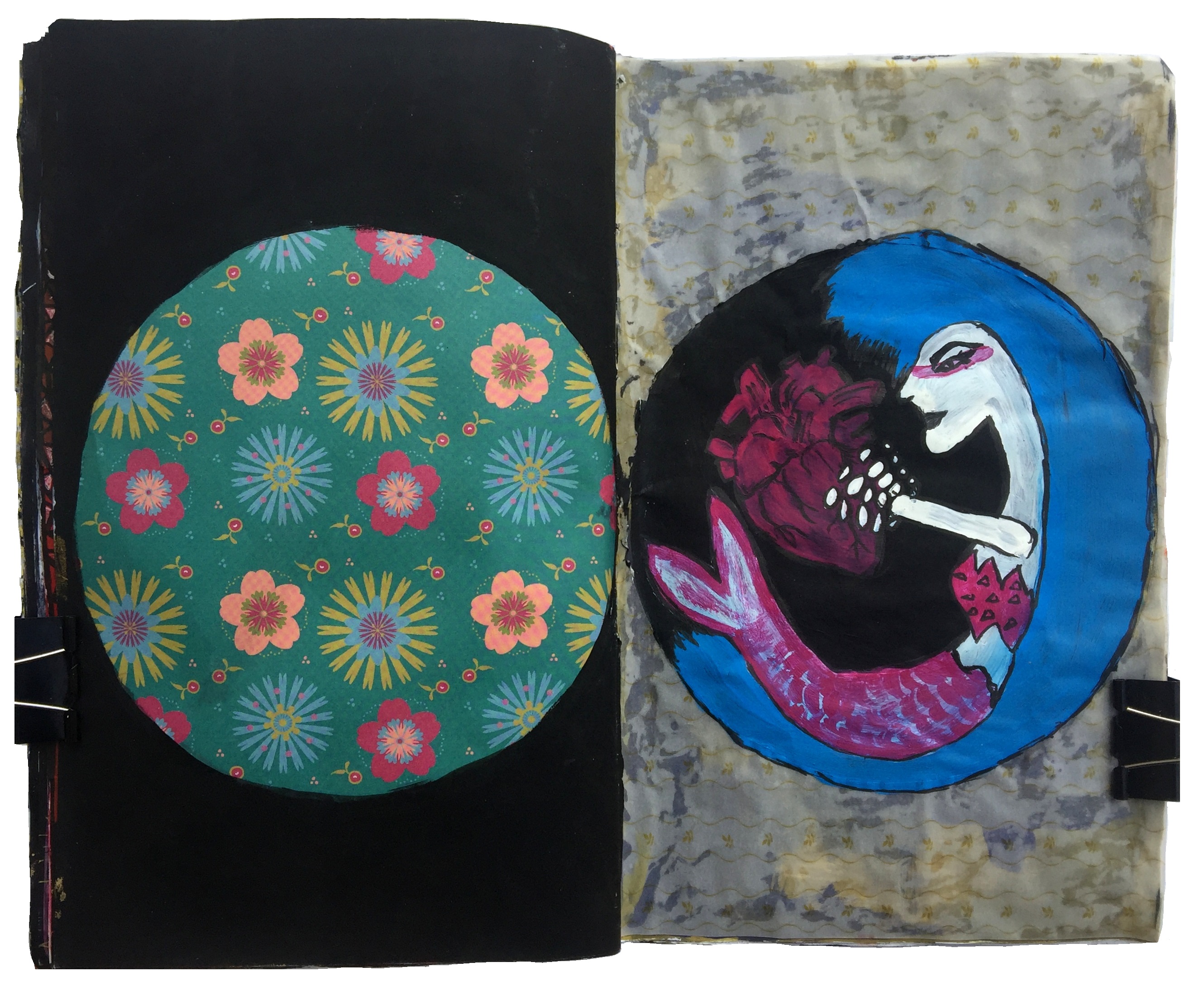 Day 130/365 of Year of Creative Habits. A mixed media art journal illustration of a blue haired punk mermaid holding an anatomical heart.