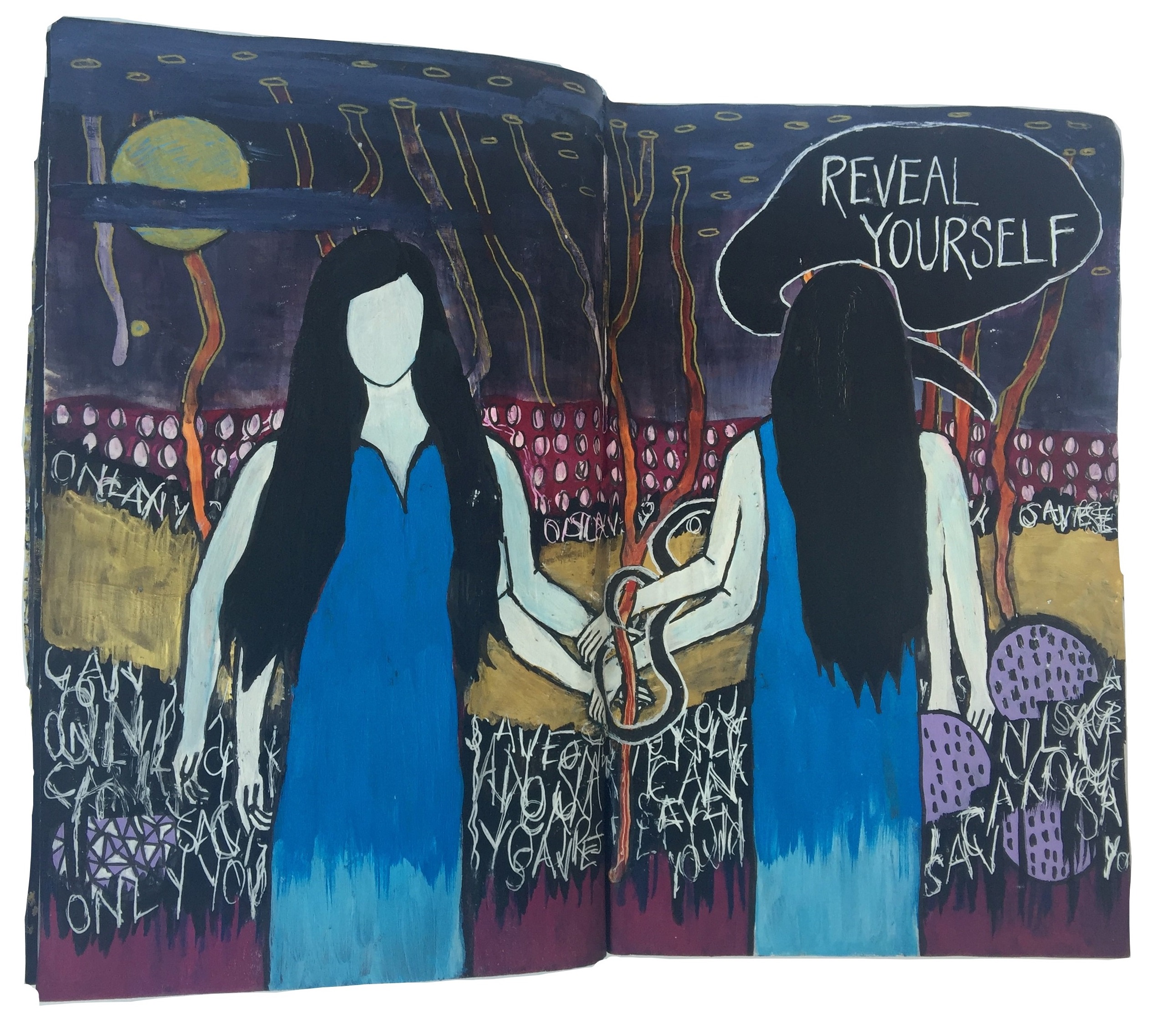 Days 132 and 134/365 of Year of Creative Habits. A mixed media art journal painting with four-armed women holding hands saying reveal yourself. The spread was inspired by the song Show Yourself by the band Mastodon.