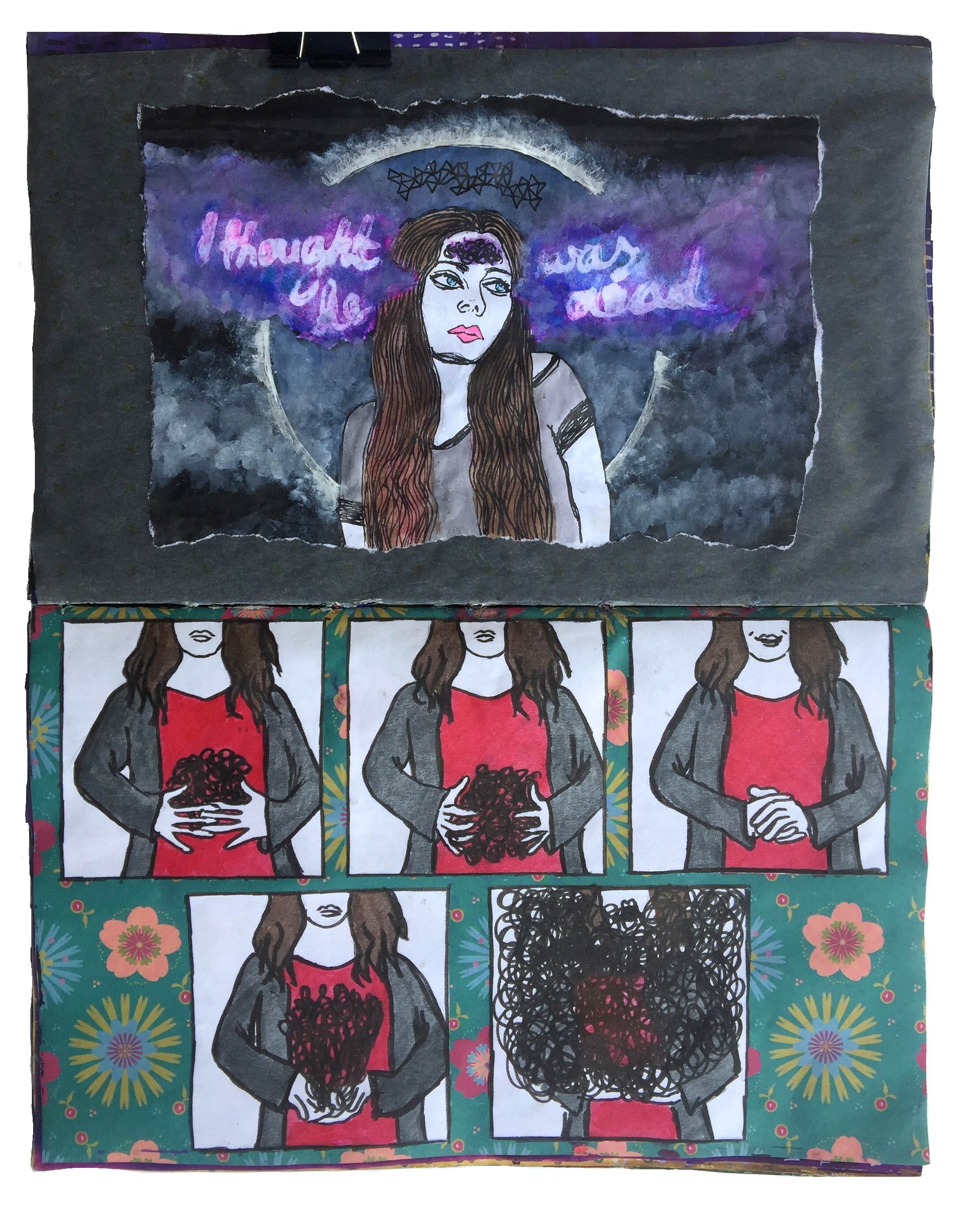 Days 114 and 97/365 of Year of Creative Habits. A mixed media art journal illustration of a woman contemplating mortality and post-it notes about trying to contain anxiety.