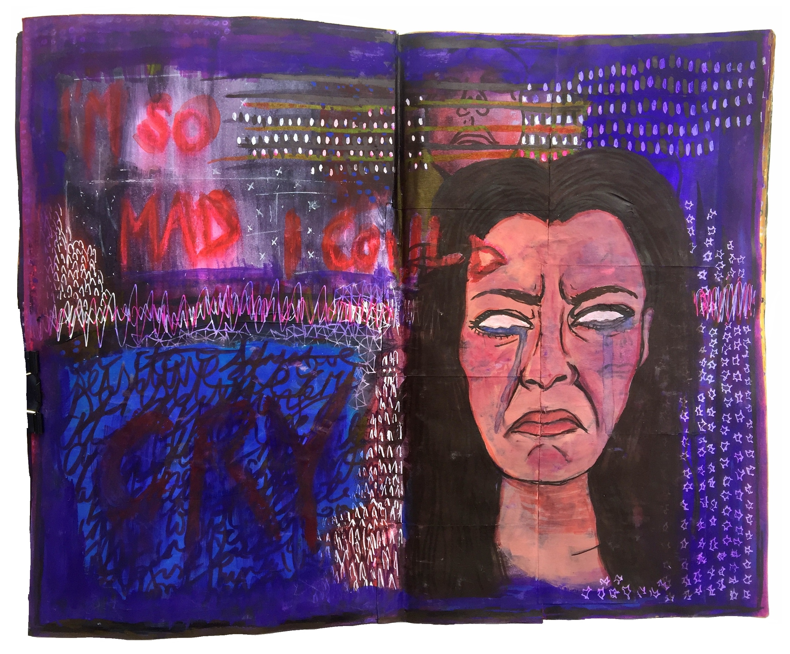Day 121/365 of Year of Creative Habits. A mixed media art journal painting of myself angry and crying.