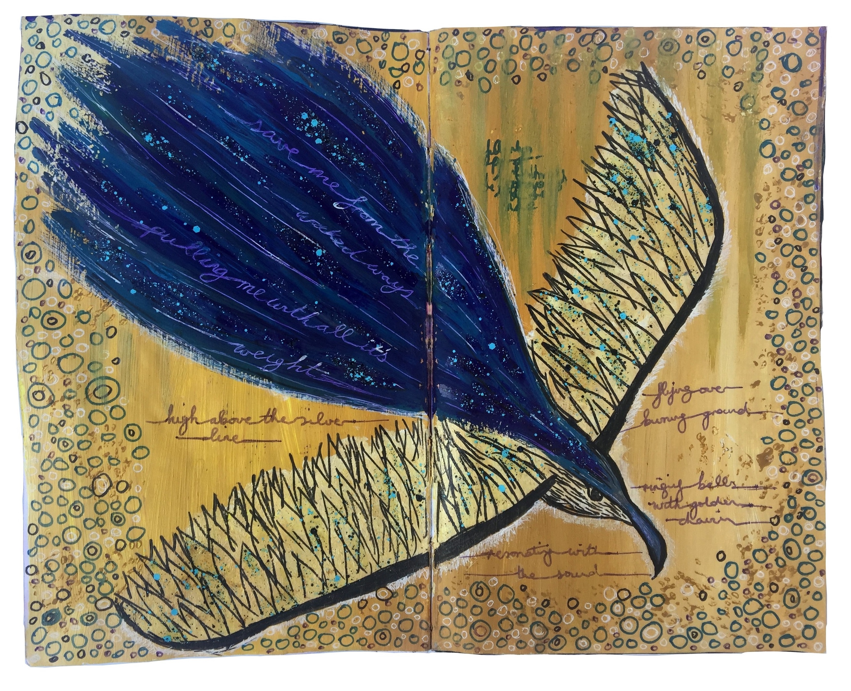 A mixed media art journal illustration of a soaring sparkling blue bird with doodles and lyrics by Mastodon.