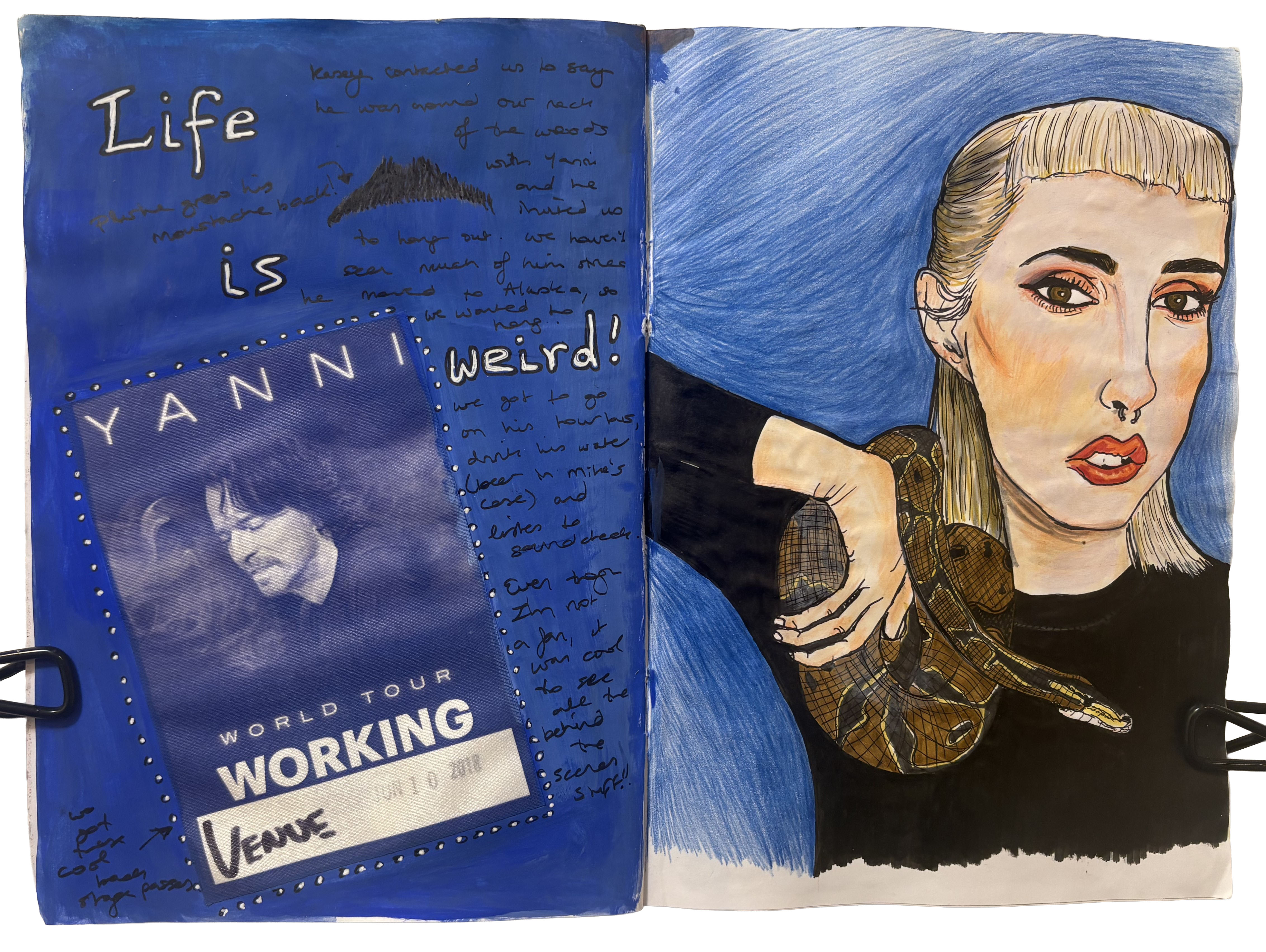 A mixed media art journal page about visiting our roadie friend backstage at a Yanni concert and how weird life is and an illustration of a woman and her pet snake.