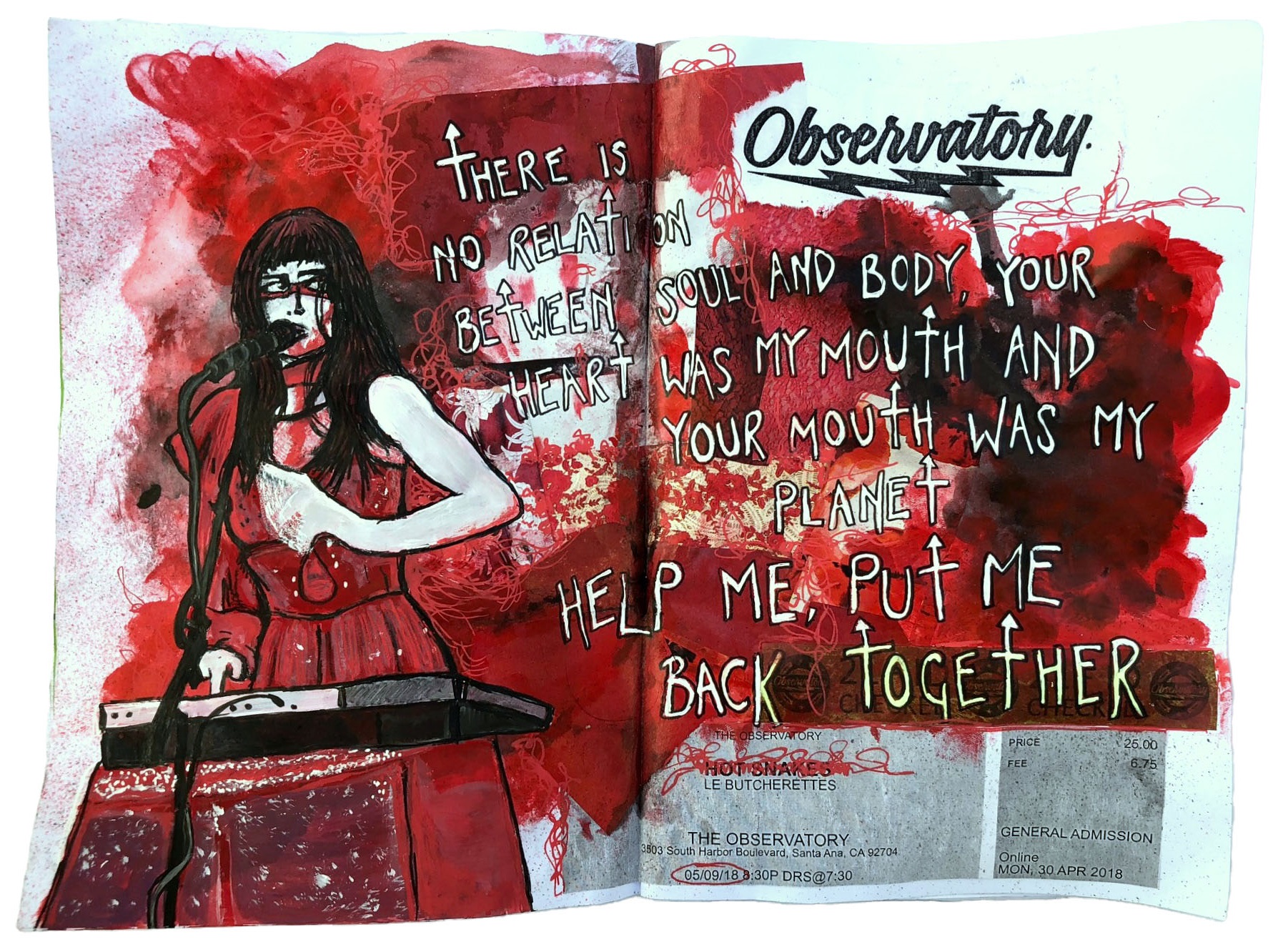 A mixed media art journal illustration of and lyrics by Teri Gender Bender aka Teresa Suarez Cosio of Le Butcherettes and ephemera from their live show.