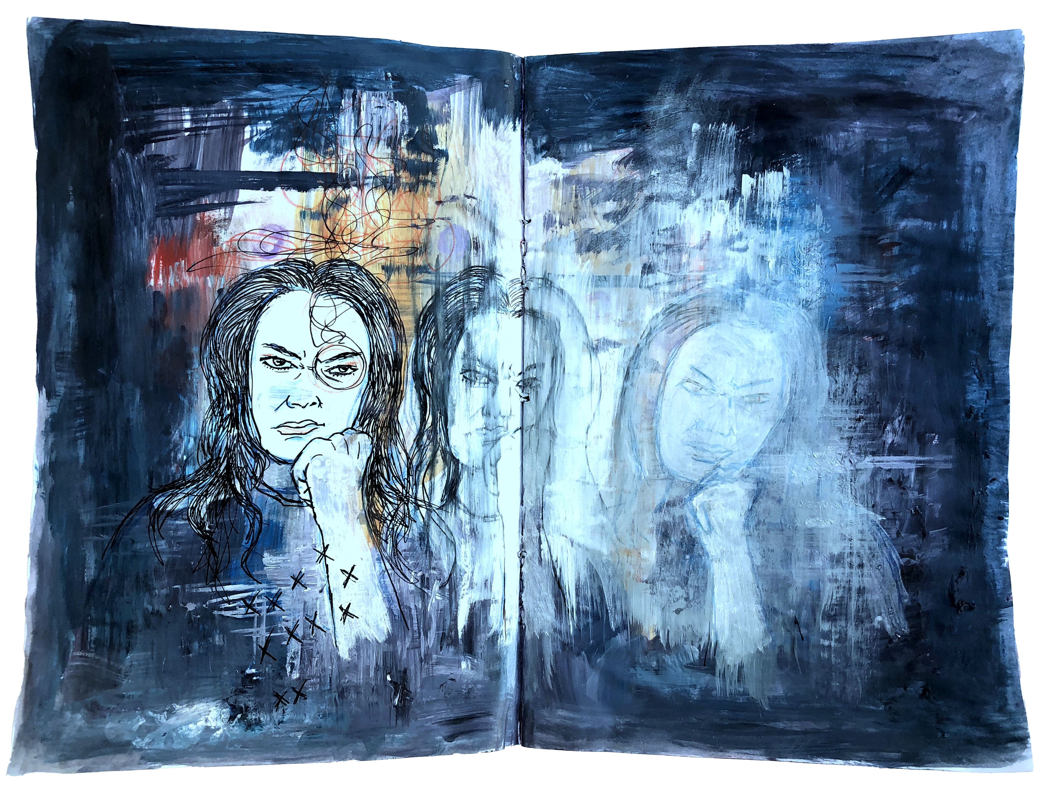 A mixed media art journal page with illustrations of myself looking grumpy and fading into a messy background.