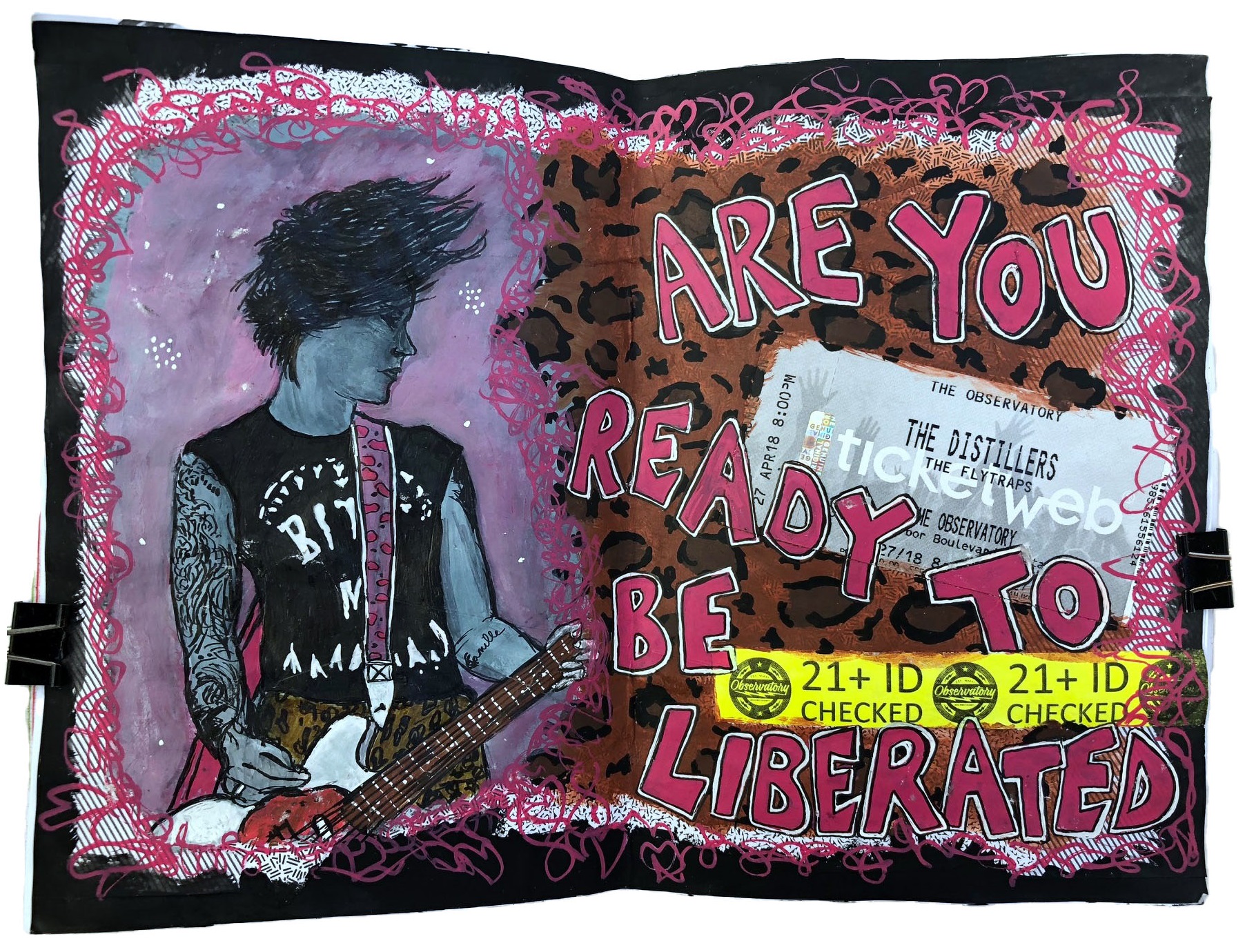 A mixed media art journal illustration of Brody Dalle playing guitar and lyrics by The Distillers with ephemera from their concert I attended.