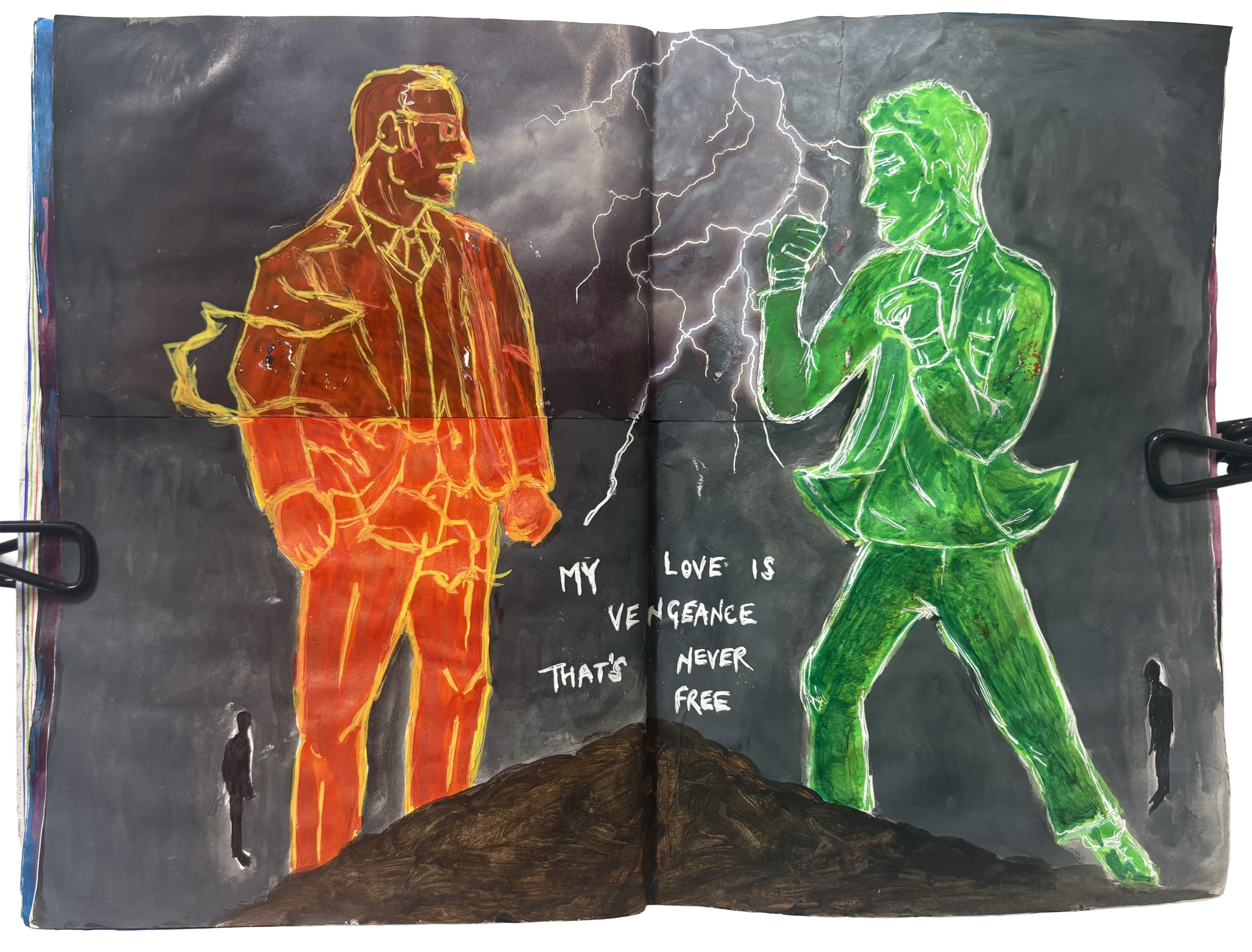 A mixed media art journal illustration of David Haller and Amahl Farouk/the Shadow King fighting on the Astral Plane in the FX television show Legion with lyrics from Behind Blue Eyes by The Who in between them.
