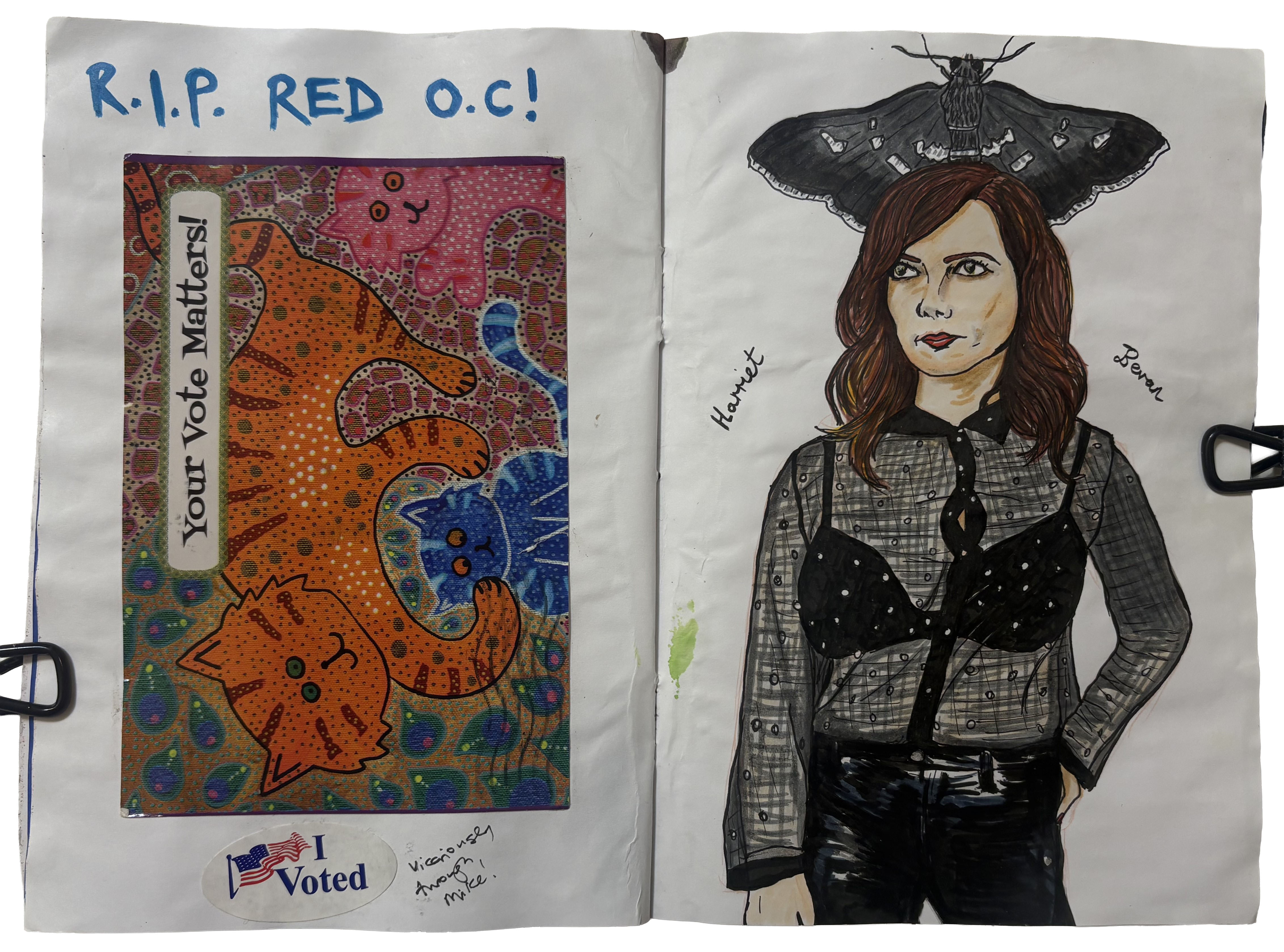 An art journal illustration of Harriet Hyde from the band Black Moth with a black moth behind her head on the right and a postcard with your vote matters! celebrating turning Orange County blue on the left.