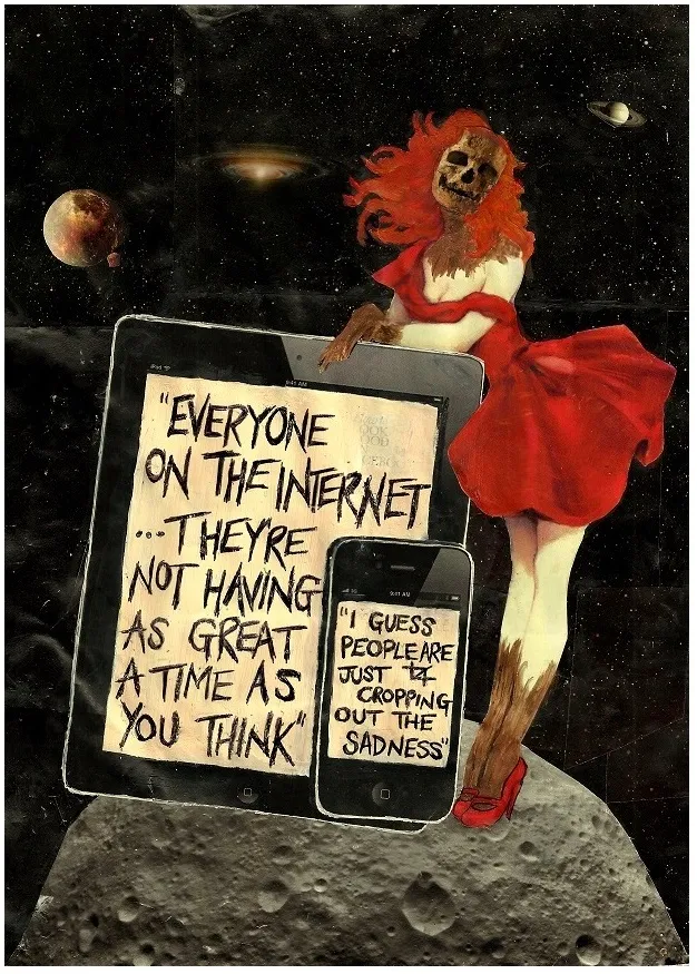 A mixed media art collage of a skeleton pin-up on the moon in space holding a tablet and phone with a quote from Portlandia about the internet and sadness; the page was created with ink, collage material, and acrylic paint.