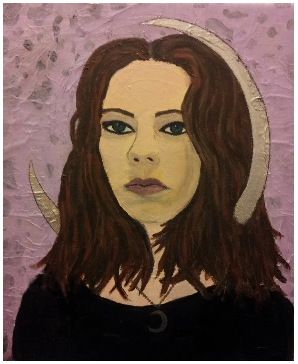 A mixed media canvas painting of myself with a crescent moon behind my head; the canvas was created with collage material and acrylic paint.