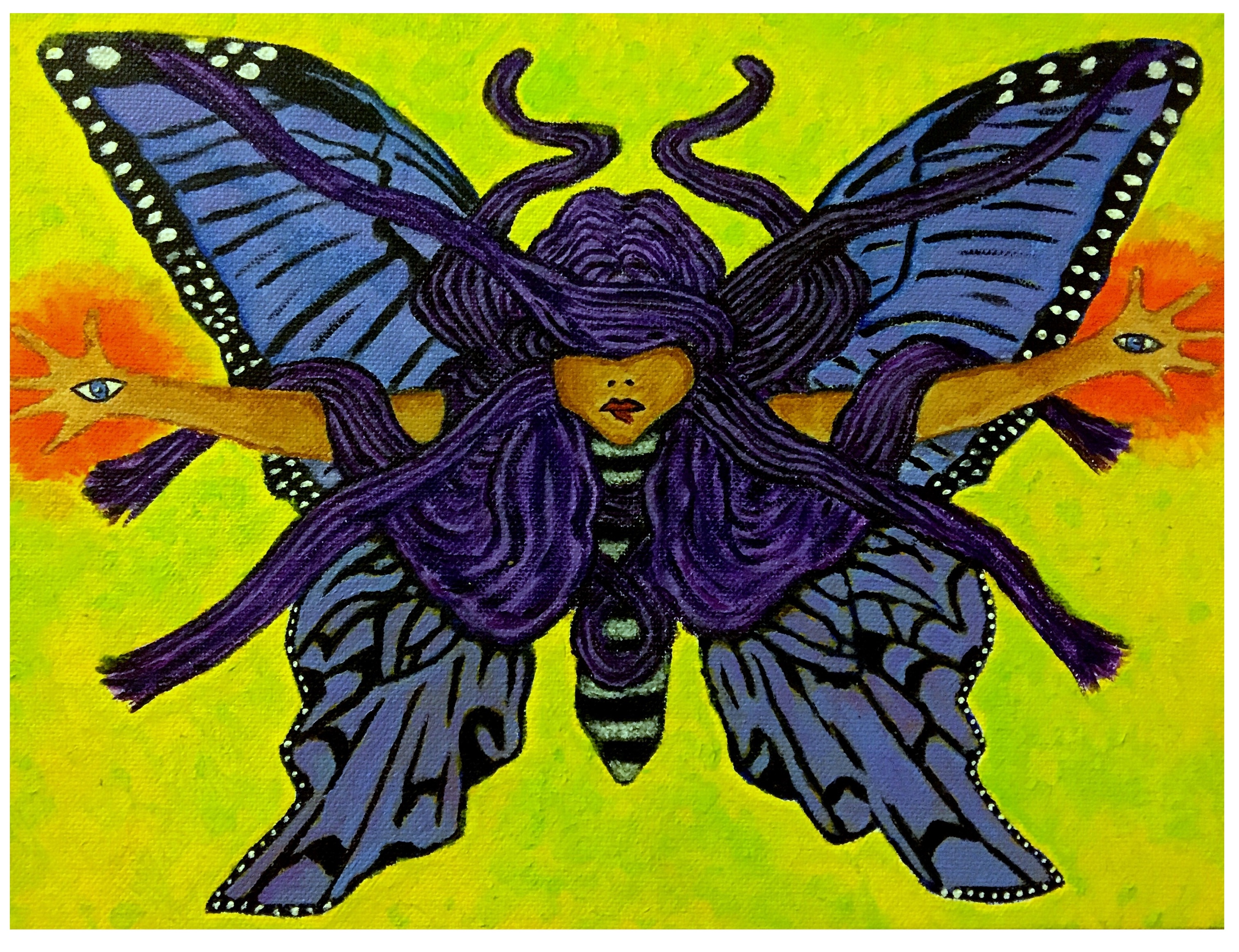 A brightly colored canvas painting of a purple haired woman with a butterfly body and eyes on the palms of her hands; based on a public domain image from the British Library and created with acrylic paint on canvas.