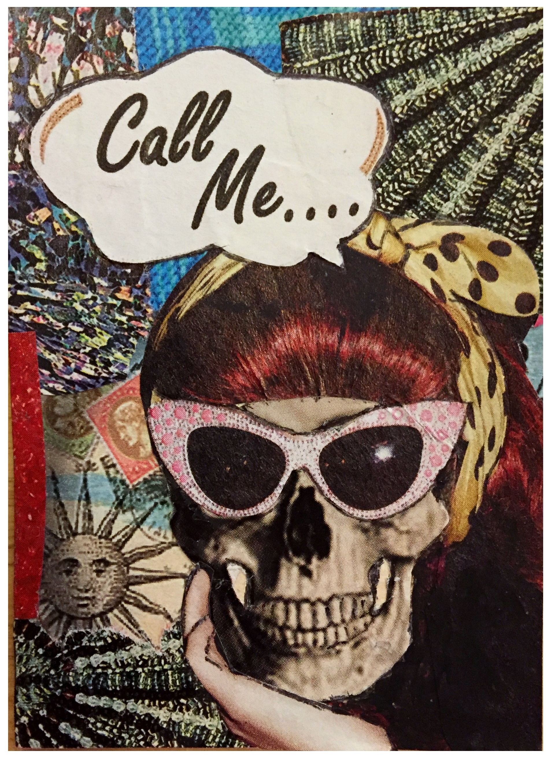 A collage artist trading card of a female pin-up skeleton in sunglasses and red hair saying call me.