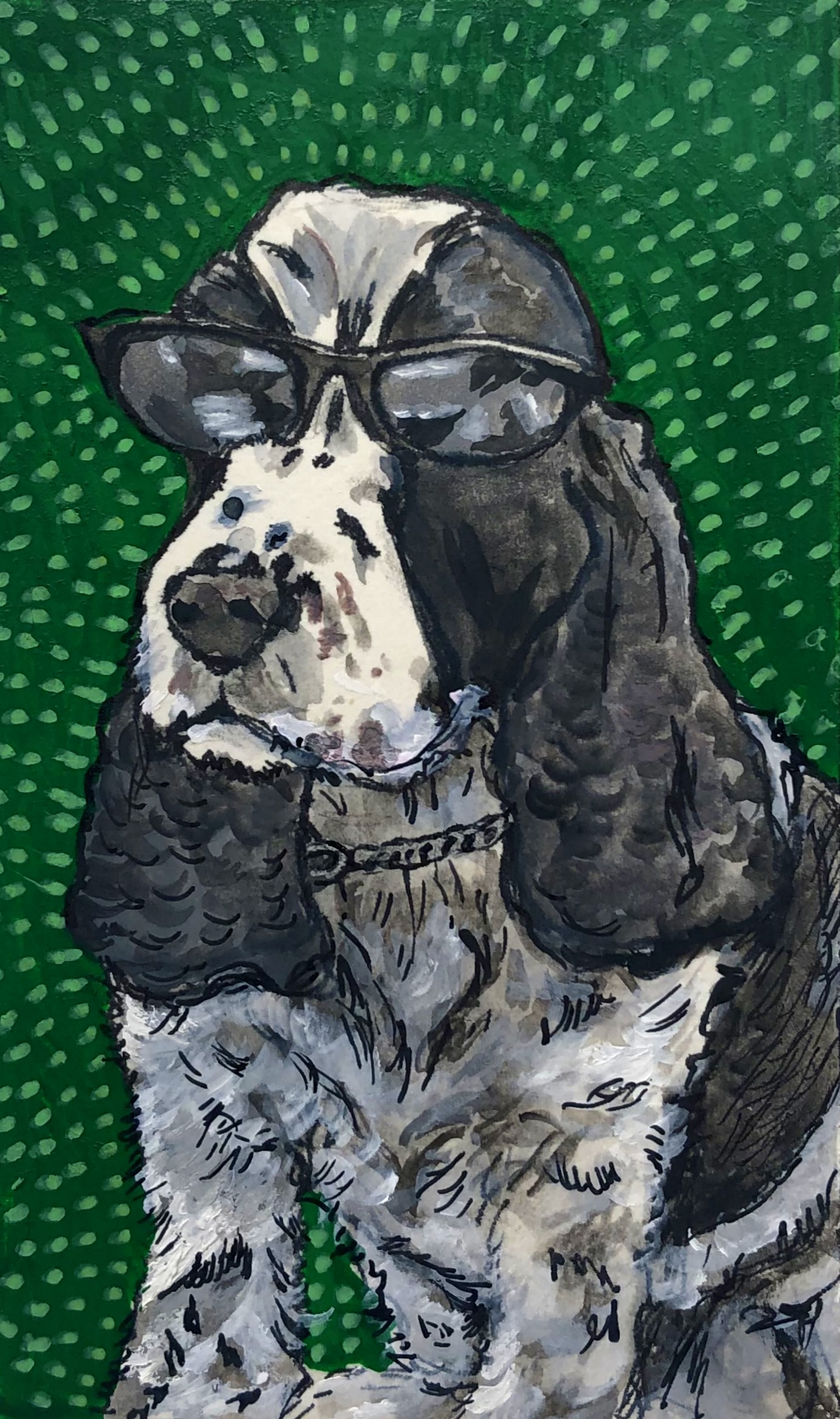Reddit Gets Drawn dog portrait; created on an index card with acrylic paint, gouache, and ink.