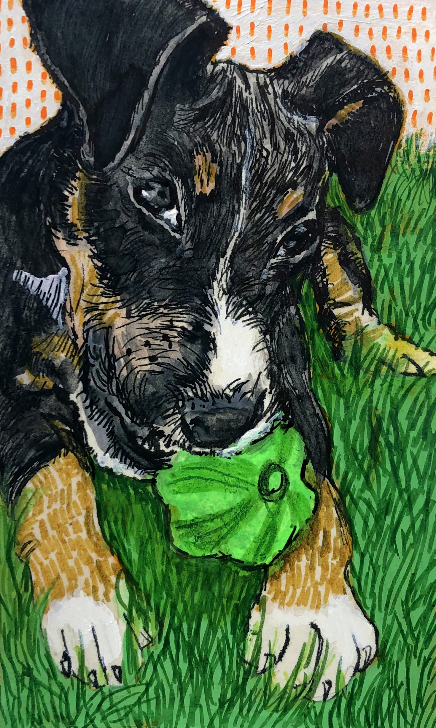 Reddit Gets Drawn dog portrait; created on an index card with acrylic paint, gouache, and ink.