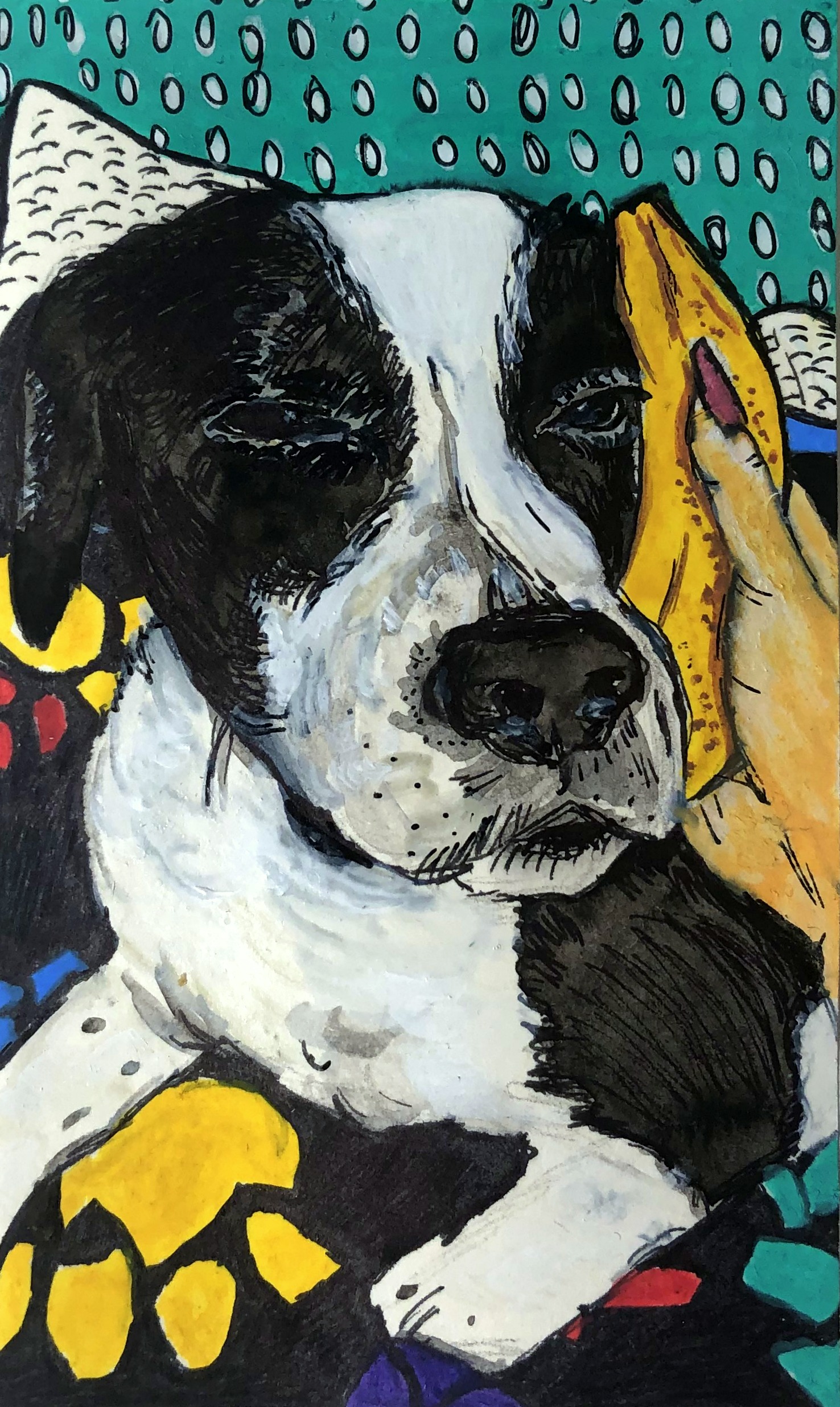 Reddit Gets Drawn dog portrait; created on an index card with acrylic paint, gouache, and ink.