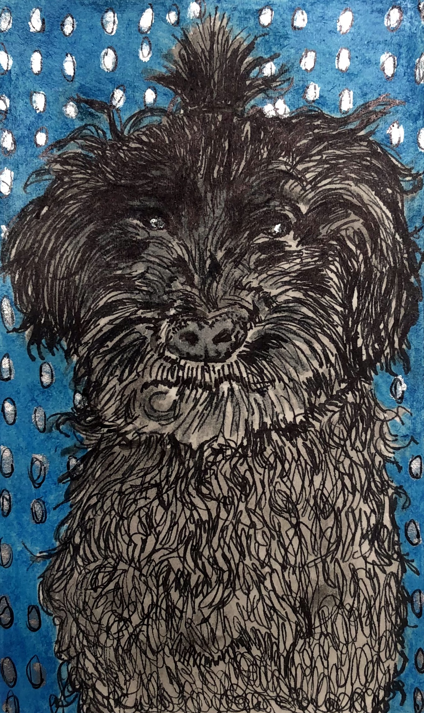 Reddit Gets Drawn dog portrait; created on an index card with acrylic paint, gouache, and ink.