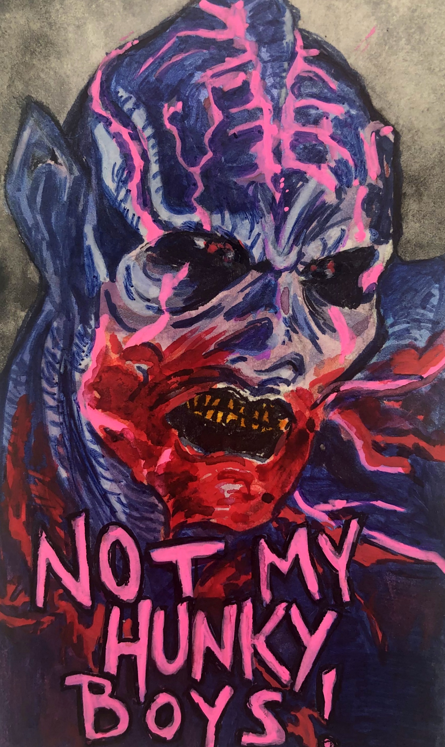 A mixed media illustration of Psycho Goreman from the film of the same name with the words not my hunky boys! quoted underneath him; created on an index card with gouache, acrylic paint, and ink.