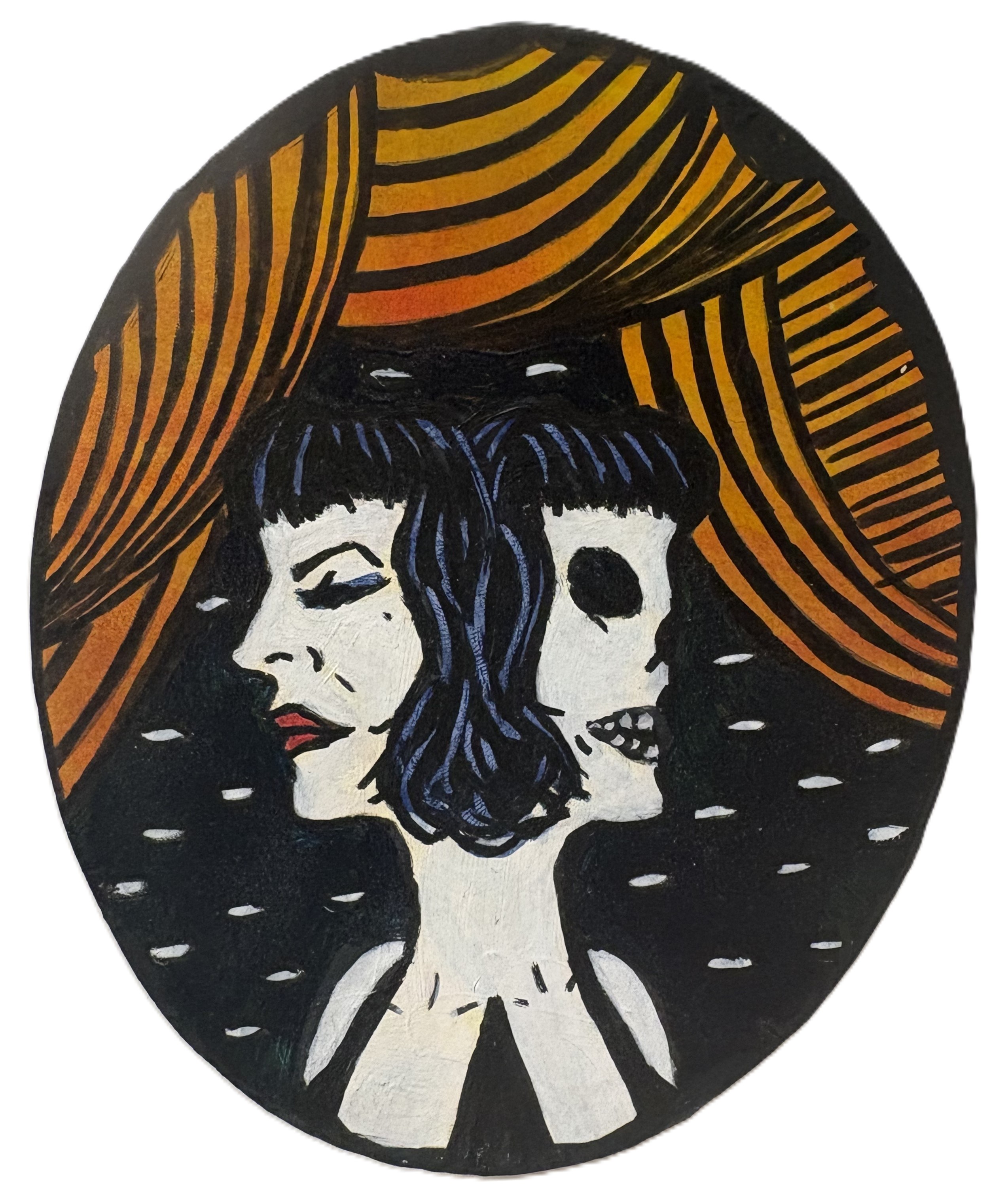 A mixed media illustration of a woman and skull joined at the head with a decorative background; it was created with collage materials, ink, and acrylic paint on a beer coaster.