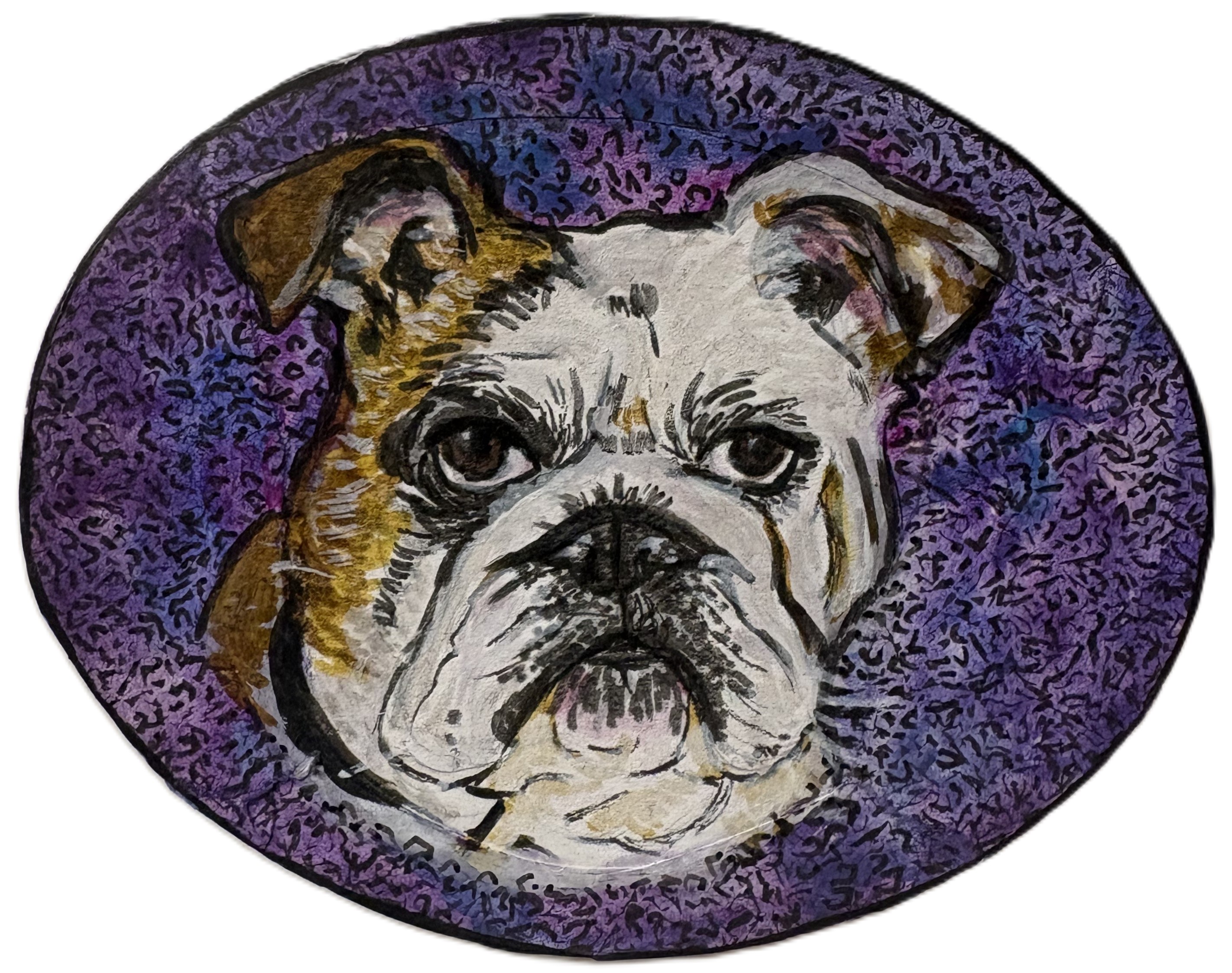 A mixed media illustration of a bulldog; it was created with ink and acrylic paint on a beer coaster.