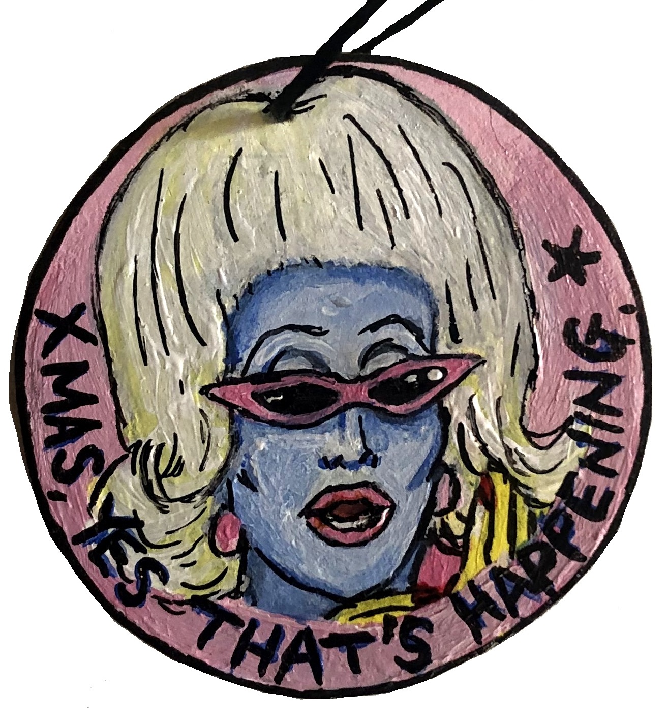 A holiday ornament of – yes, that’s happening – the absolutely stunning, Juno Birch! Created with acrylic paint and ink.