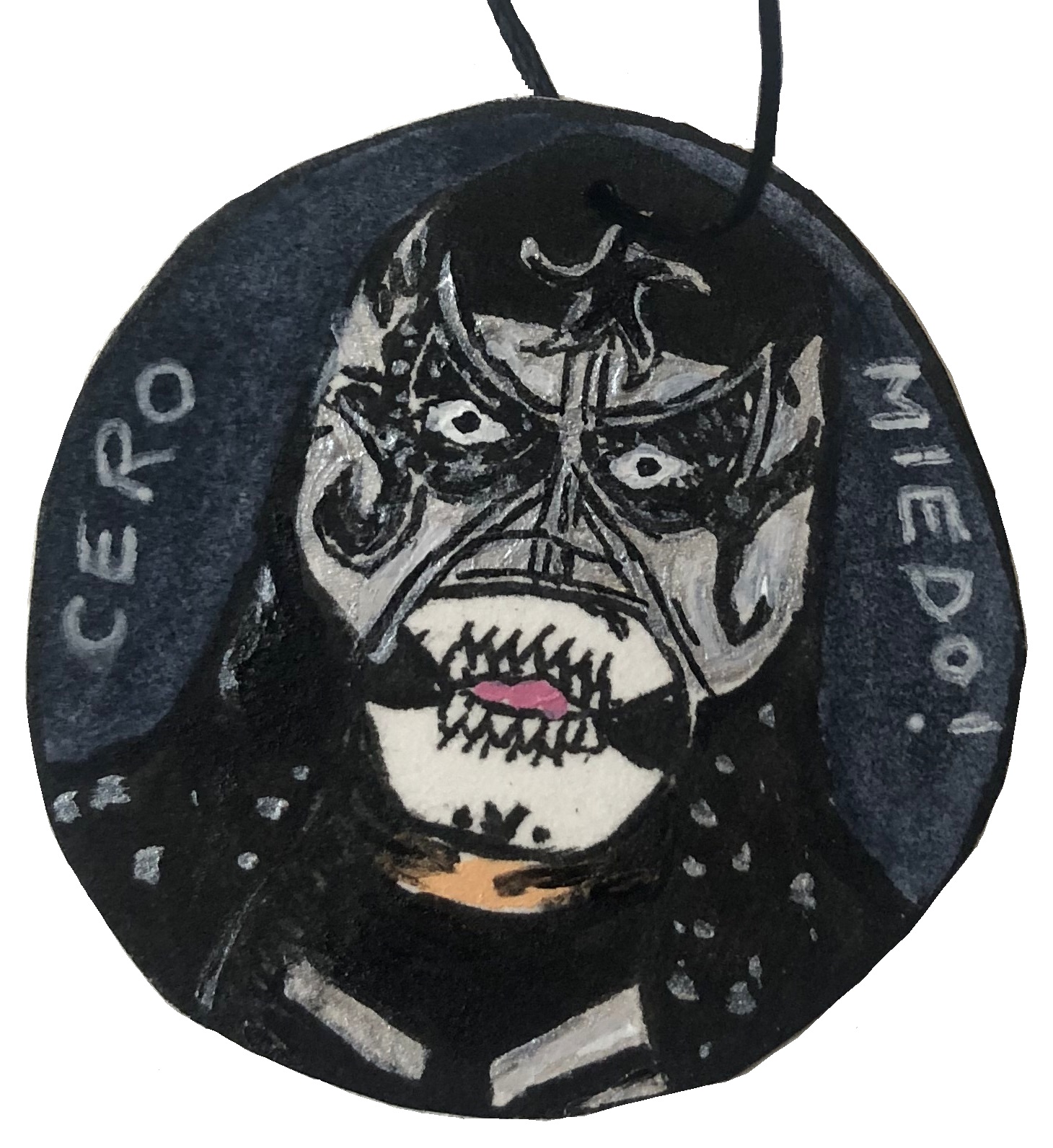A holiday ornament of my fave luchador, Pentagon Jr. (currently Penta El Zero M in AEW)! Created with acrylic paint and ink.