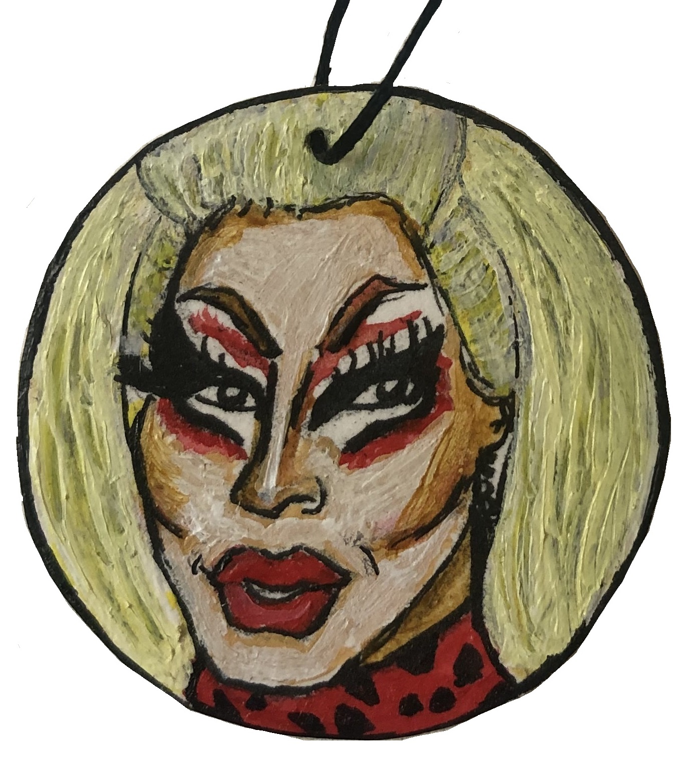 A holiday ornament of the skinny legend herself, Trixie Mattel! Created with acrylic paint and ink.