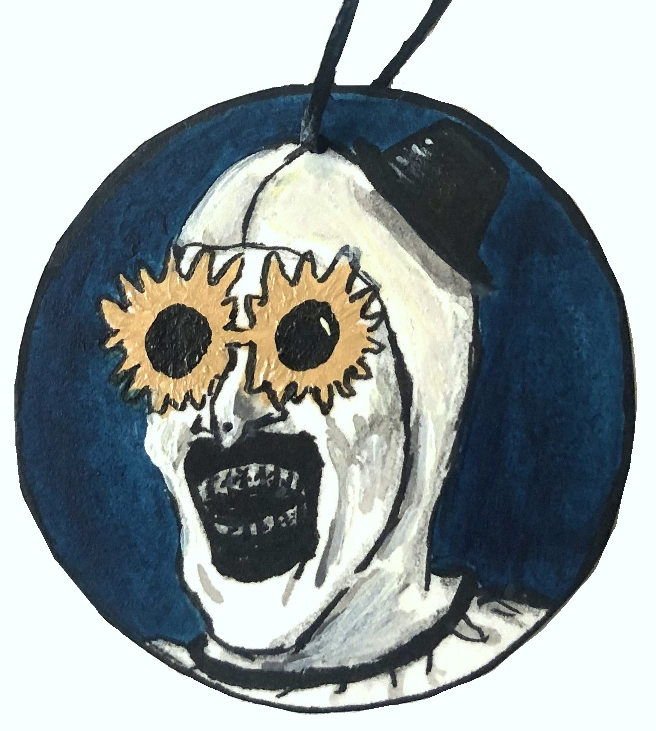 December 2022: A holiday ornament of the terrifying Art the Clown! Created with acrylic paint and ink.